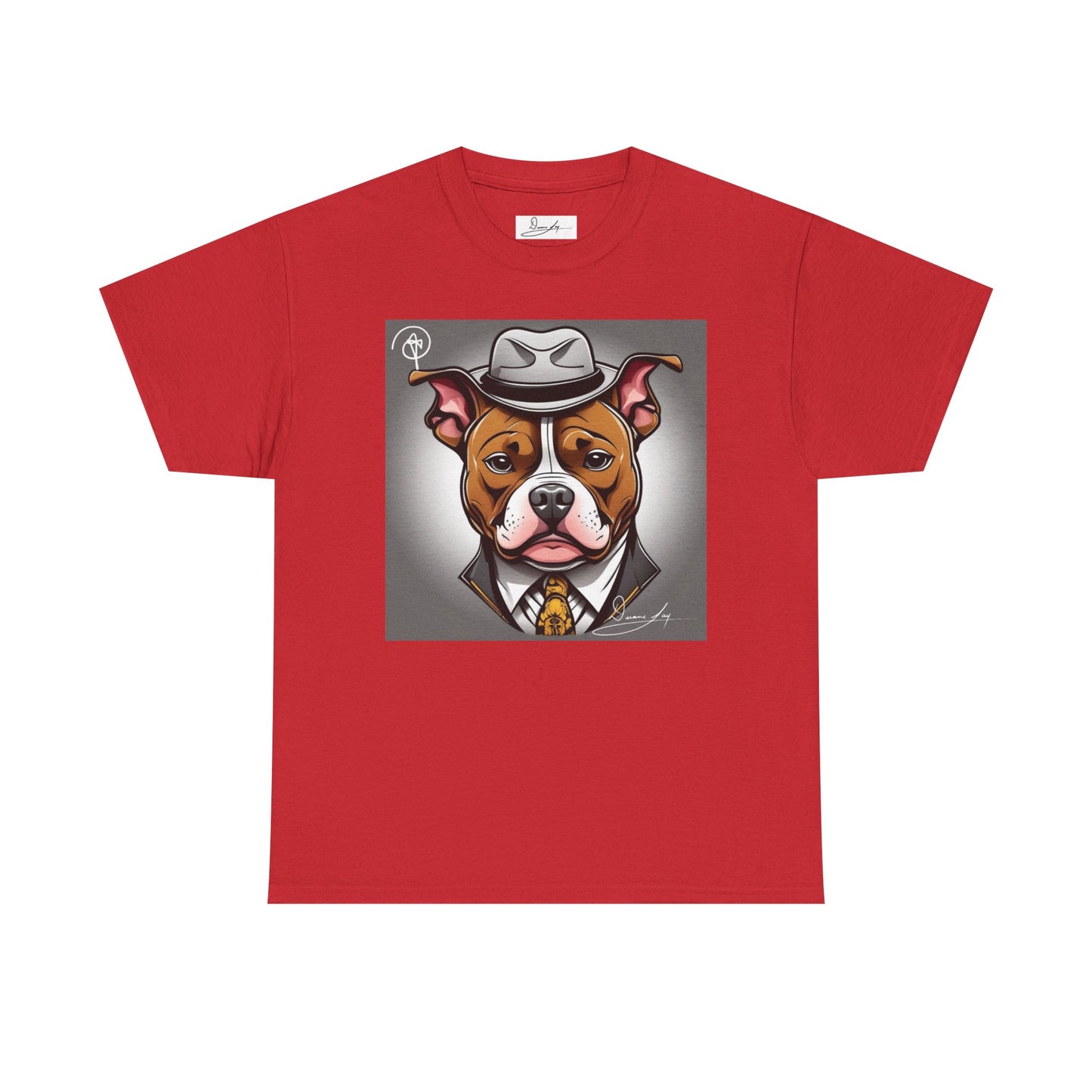 DuaneJay Gentleman Pitbull Tee — distinguished graphic tee featuring a dapper pitbull portrait blending elegance with bold streetwear energy for dog lovers with class and confidence