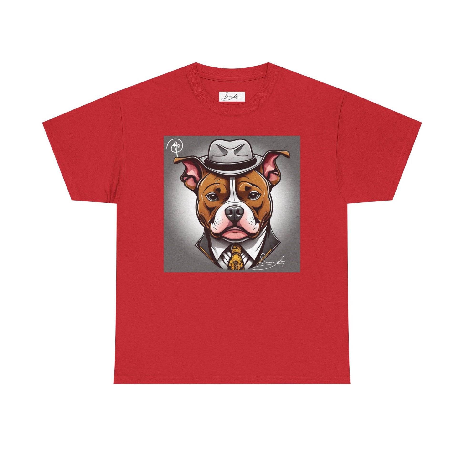 DuaneJay Gentleman Pitbull Tee — distinguished graphic tee featuring a dapper pitbull portrait blending elegance with bold streetwear energy for dog lovers with class and confidence