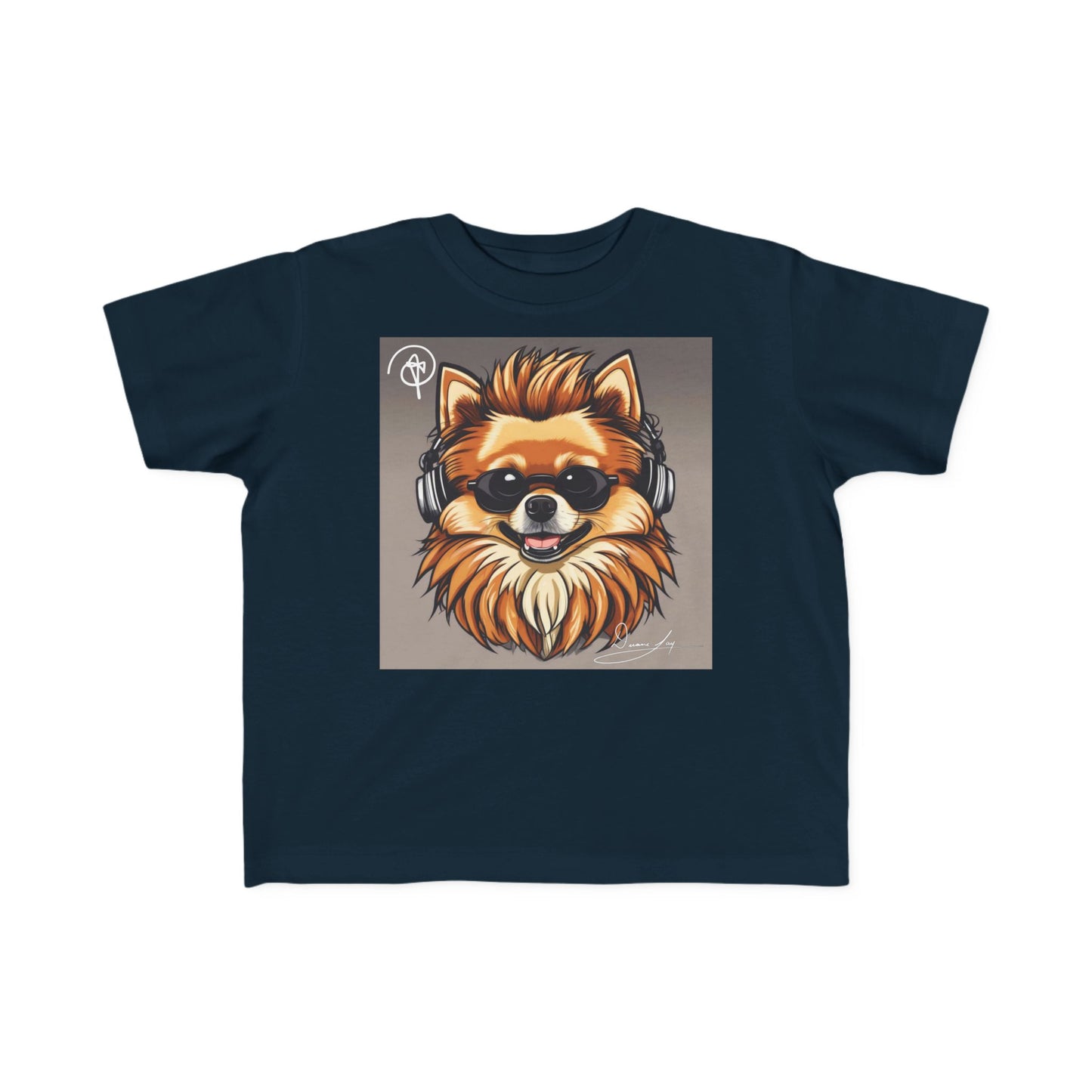 DuaneJay Cool Pomeranian Kids T-Shirt — fun kids graphic tee featuring an adorable Pomeranian rocking sunglasses and headphones, a bold and playful streetwear-inspired look for kids who carry the DuaneJay Fashion style with confidence
