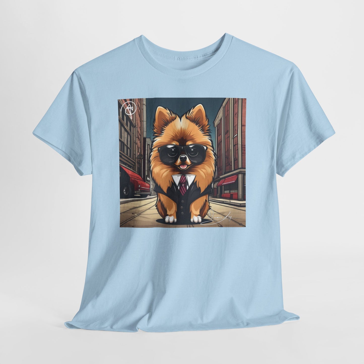 DuaneJay Pomeranian Business Dog T-Shirt — cute Pomeranian in suit graphic tee streetwear