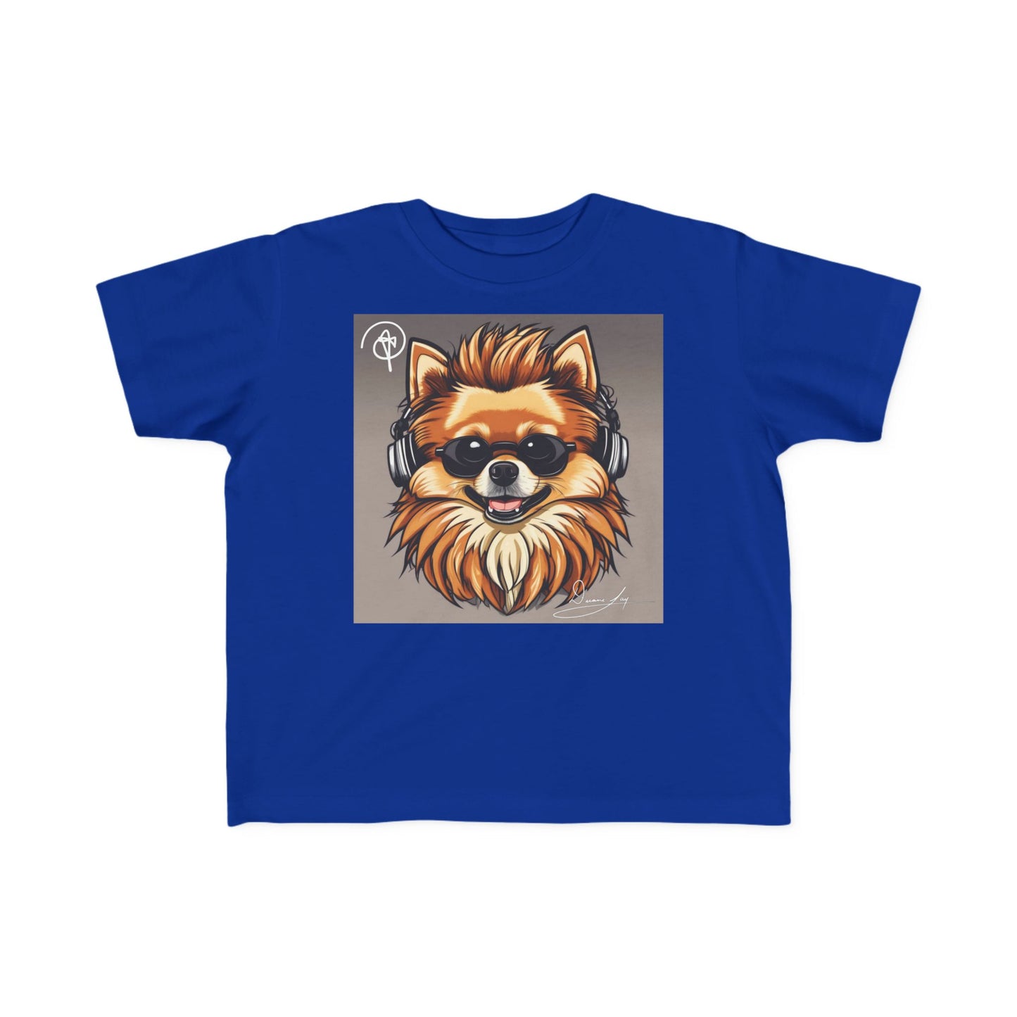 DuaneJay Cool Pomeranian Kids T-Shirt — fun kids graphic tee featuring an adorable Pomeranian rocking sunglasses and headphones, a bold and playful streetwear-inspired look for kids who carry the DuaneJay Fashion style with confidence