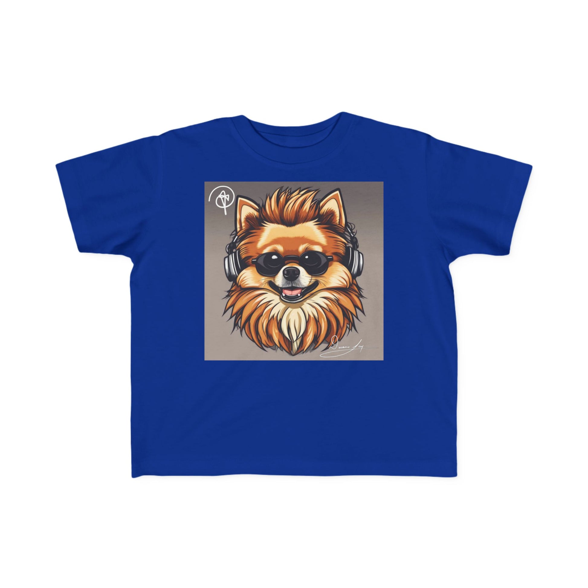 DuaneJay Cool Pomeranian Kids T-Shirt — fun kids graphic tee featuring an adorable Pomeranian rocking sunglasses and headphones, a bold and playful streetwear-inspired look for kids who carry the DuaneJay Fashion style with confidence