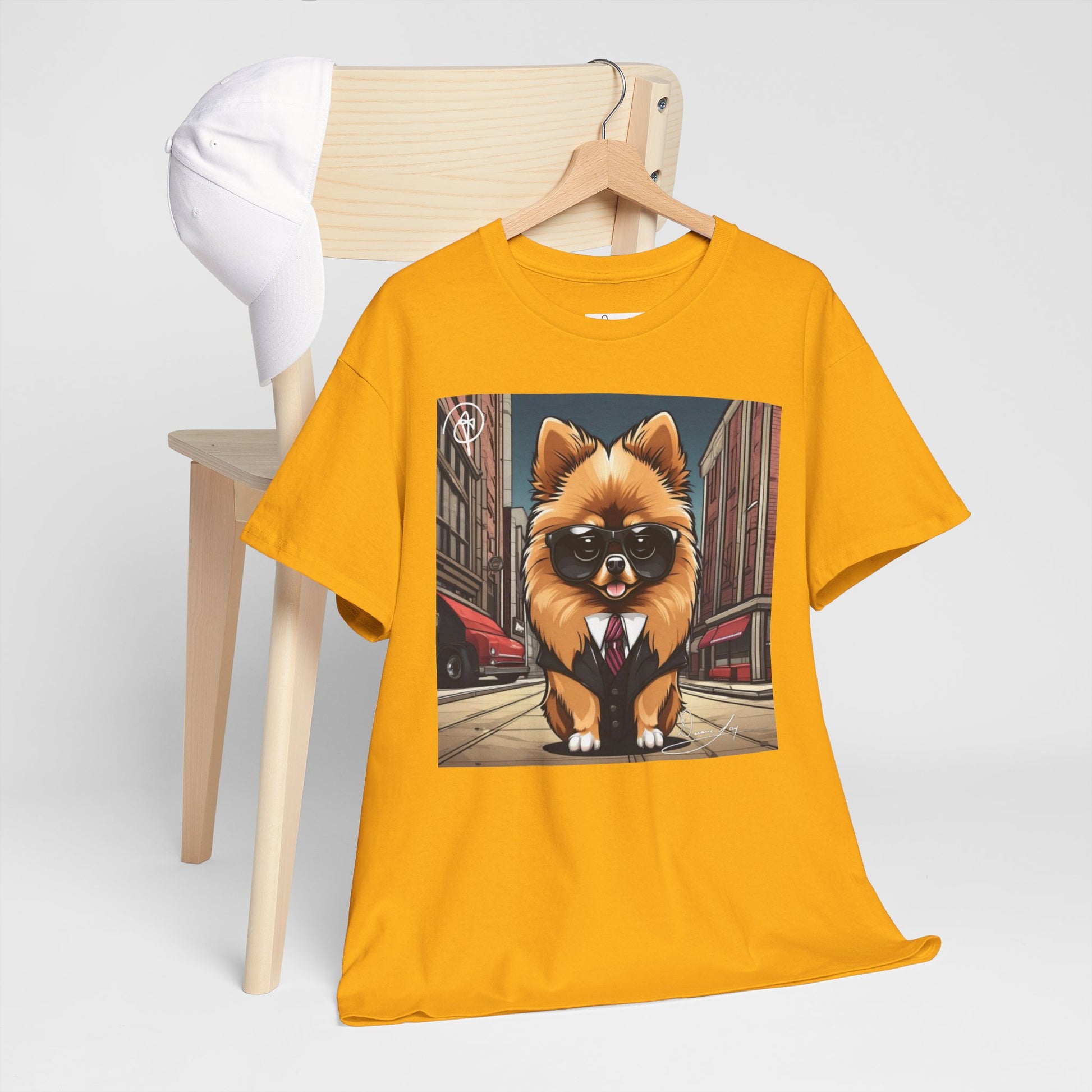 DuaneJay Pomeranian Business Dog T-Shirt — cute Pomeranian in suit graphic tee streetwear