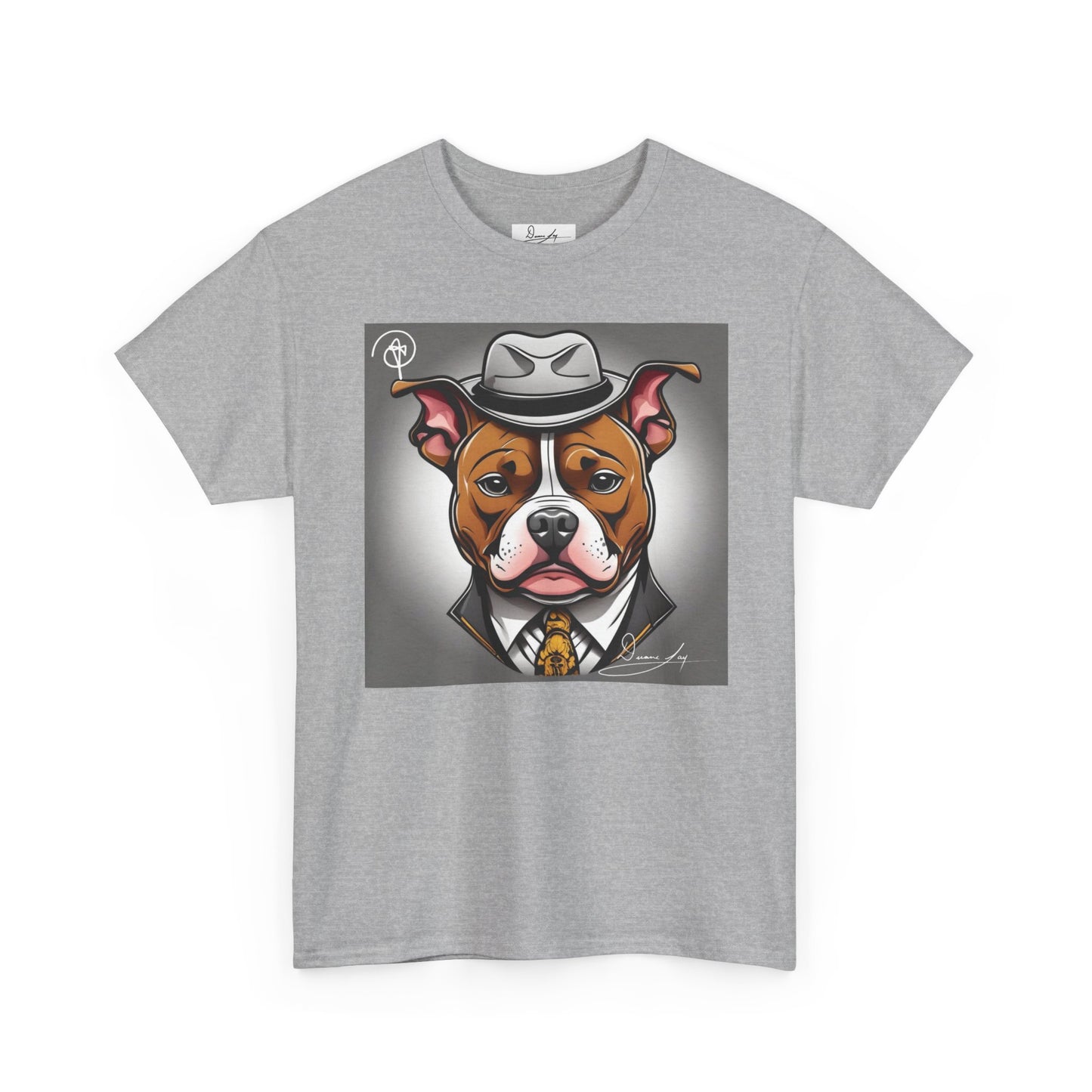 DuaneJay Gentleman Pitbull Tee — distinguished graphic tee featuring a dapper pitbull portrait blending elegance with bold streetwear energy for dog lovers with class and confidence