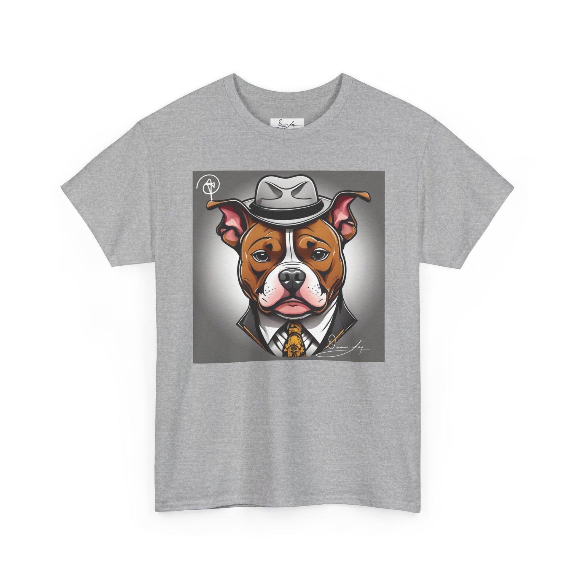 DuaneJay Gentleman Pitbull Tee — distinguished graphic tee featuring a dapper pitbull portrait blending elegance with bold streetwear energy for dog lovers with class and confidence
