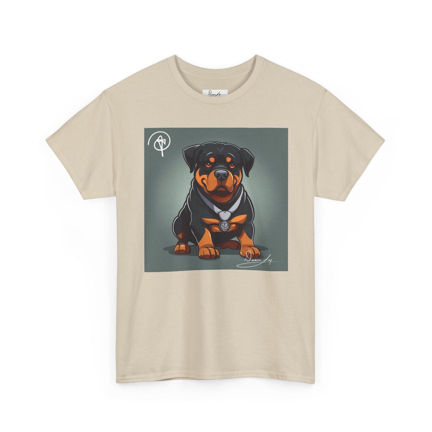 DuaneJay Rottweiler Puppy Portrait T-Shirt — charming graphic tee featuring an adorable Rottweiler puppy rendered in stunning artistic detail, a perfect blend of cuteness and signature streetwear style for devoted dog lovers