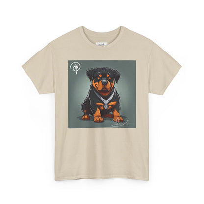 DuaneJay Rottweiler Puppy Portrait T-Shirt — charming graphic tee featuring an adorable Rottweiler puppy rendered in stunning artistic detail, a perfect blend of cuteness and signature streetwear style for devoted dog lovers