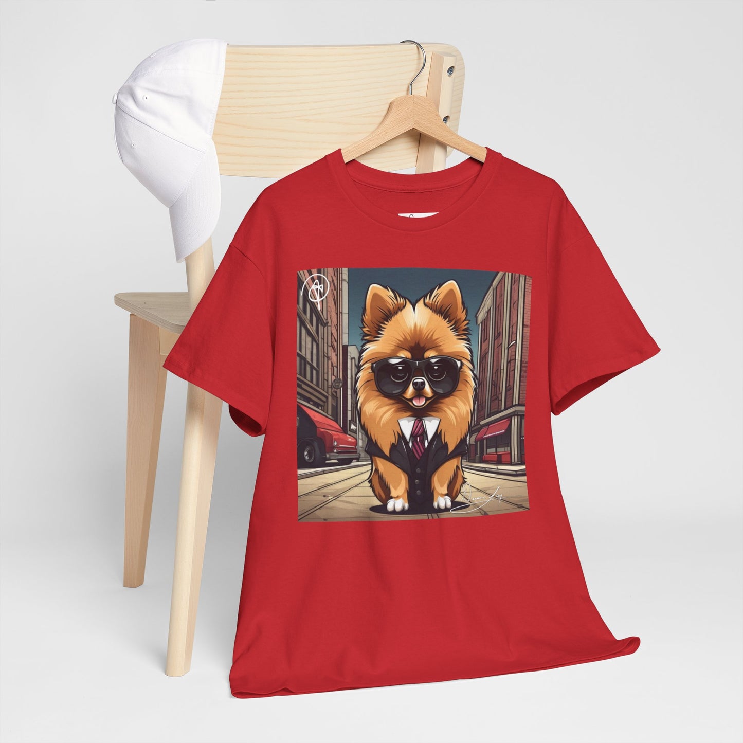 DuaneJay Pomeranian Business Dog T-Shirt — cute Pomeranian in suit graphic tee streetwear