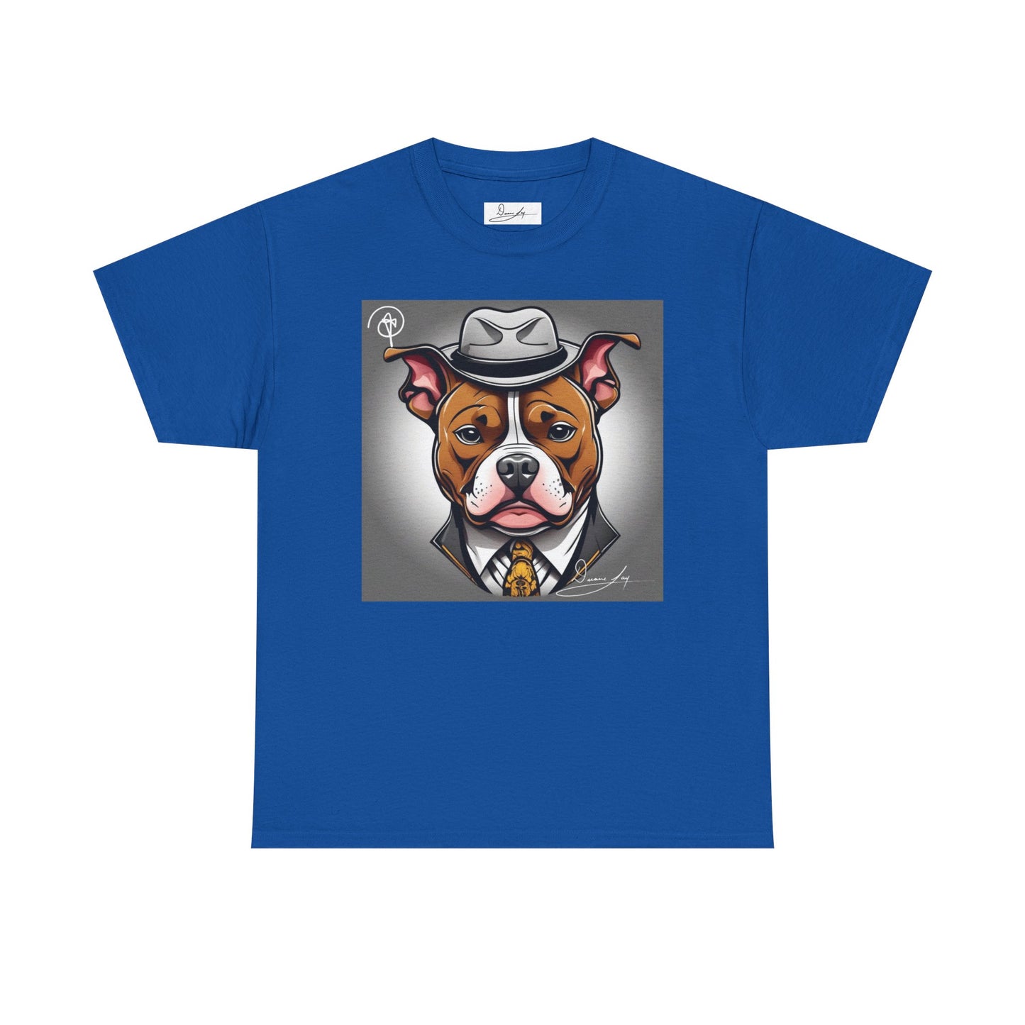 DuaneJay Gentleman Pitbull Tee — distinguished graphic tee featuring a dapper pitbull portrait blending elegance with bold streetwear energy for dog lovers with class and confidence