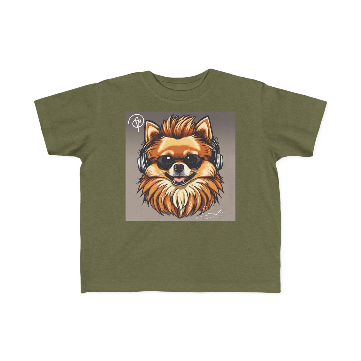 DuaneJay Cool Pomeranian Kids T-Shirt — fun kids graphic tee featuring an adorable Pomeranian rocking sunglasses and headphones, a bold and playful streetwear-inspired look for kids who carry the DuaneJay Fashion style with confidence