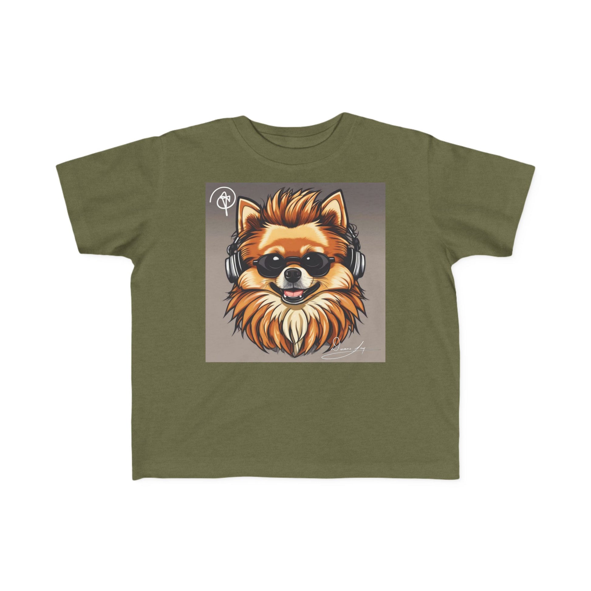 DuaneJay Cool Pomeranian Kids T-Shirt — fun kids graphic tee featuring an adorable Pomeranian rocking sunglasses and headphones, a bold and playful streetwear-inspired look for kids who carry the DuaneJay Fashion style with confidence