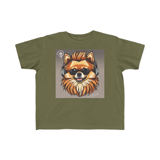 DuaneJay Cool Pomeranian Kids T-Shirt — fun kids graphic tee featuring an adorable Pomeranian rocking sunglasses and headphones, a bold and playful streetwear-inspired look for kids who carry the DuaneJay Fashion style with confidence