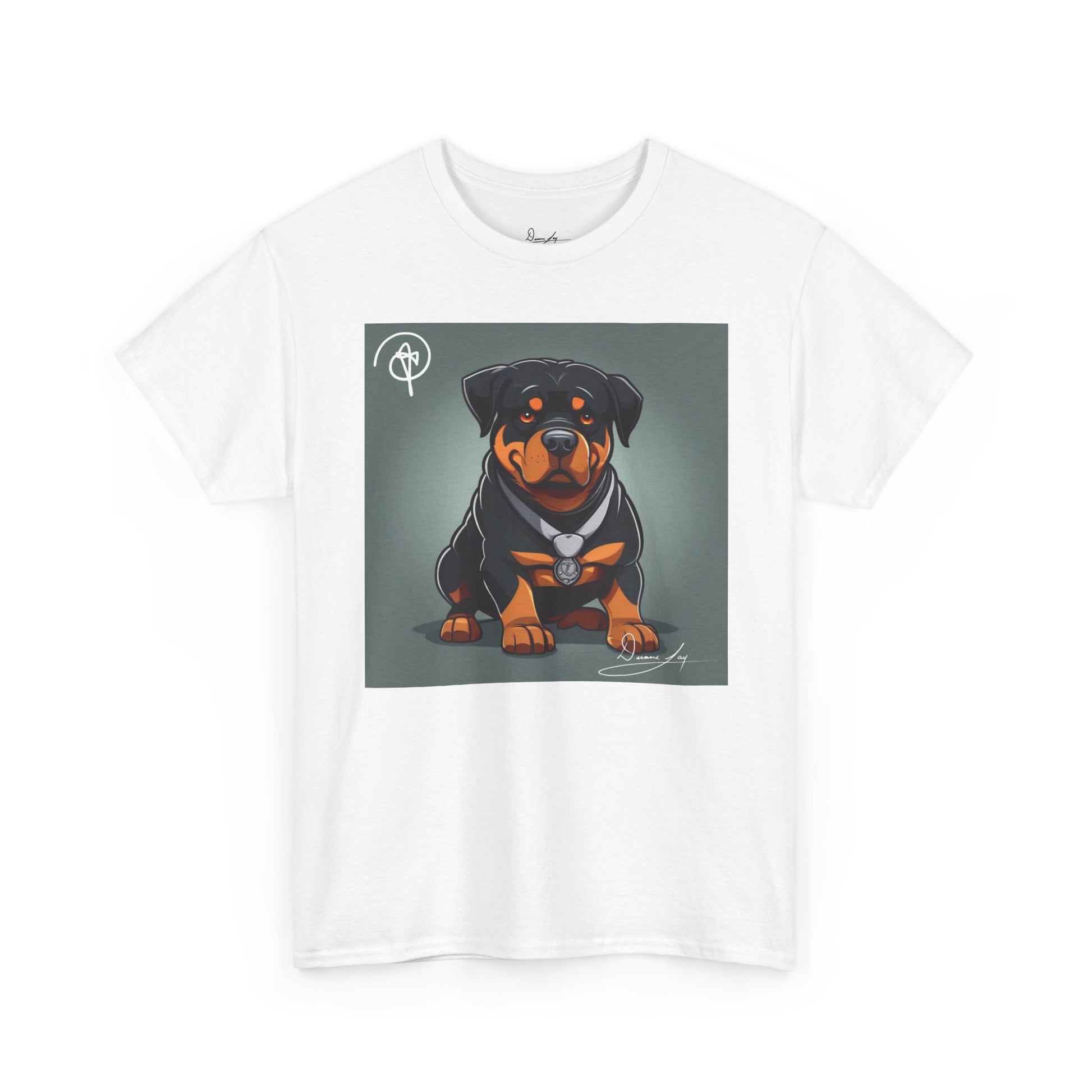 DuaneJay Rottweiler Puppy Portrait T-Shirt — charming graphic tee featuring an adorable Rottweiler puppy rendered in stunning artistic detail, a perfect blend of cuteness and signature streetwear style for devoted dog lovers