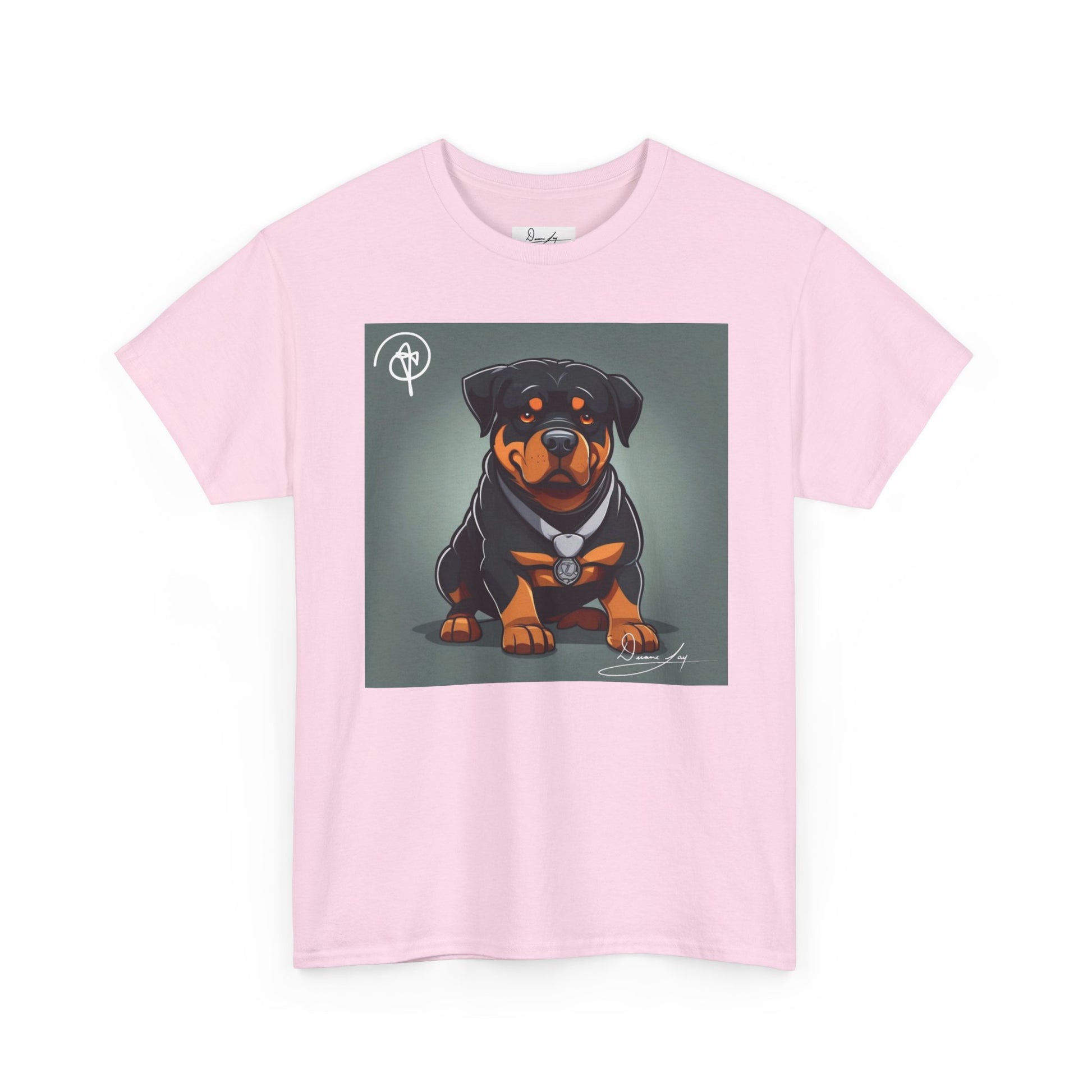 DuaneJay Rottweiler Puppy Portrait T-Shirt — charming graphic tee featuring an adorable Rottweiler puppy rendered in stunning artistic detail, a perfect blend of cuteness and signature streetwear style for devoted dog lovers