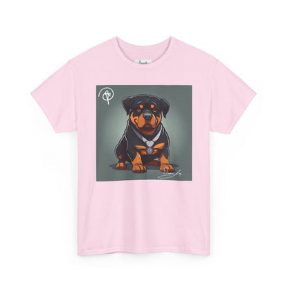 DuaneJay Rottweiler Puppy Portrait T-Shirt — charming graphic tee featuring an adorable Rottweiler puppy rendered in stunning artistic detail, a perfect blend of cuteness and signature streetwear style for devoted dog lovers