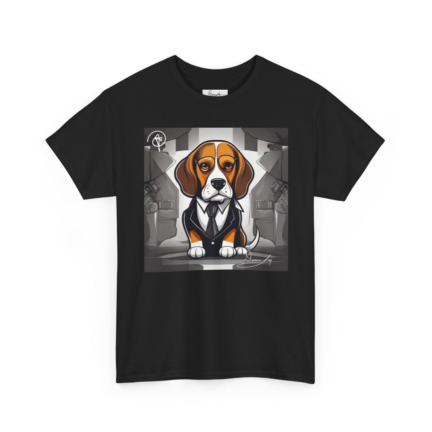DuaneJay Beagle in a Suit T-Shirt — funny formal dog graphic tee featuring an adorable beagle dressed in a dapper suit, perfect for dog lovers who love bold streetwear style