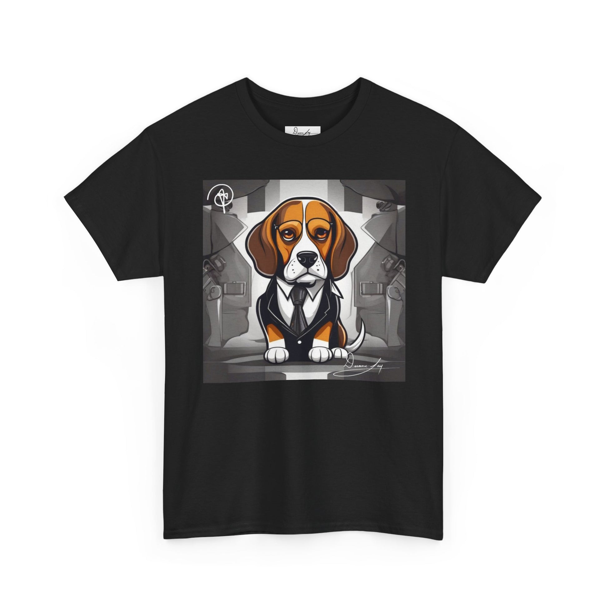 DuaneJay Beagle in a Suit T-Shirt — funny formal dog graphic tee featuring an adorable beagle dressed in a dapper suit, perfect for dog lovers who love bold streetwear style