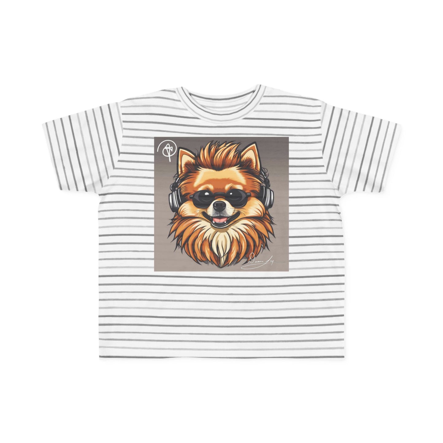 DuaneJay Cool Pomeranian Kids T-Shirt — fun kids graphic tee featuring an adorable Pomeranian rocking sunglasses and headphones, a bold and playful streetwear-inspired look for kids who carry the DuaneJay Fashion style with confidence