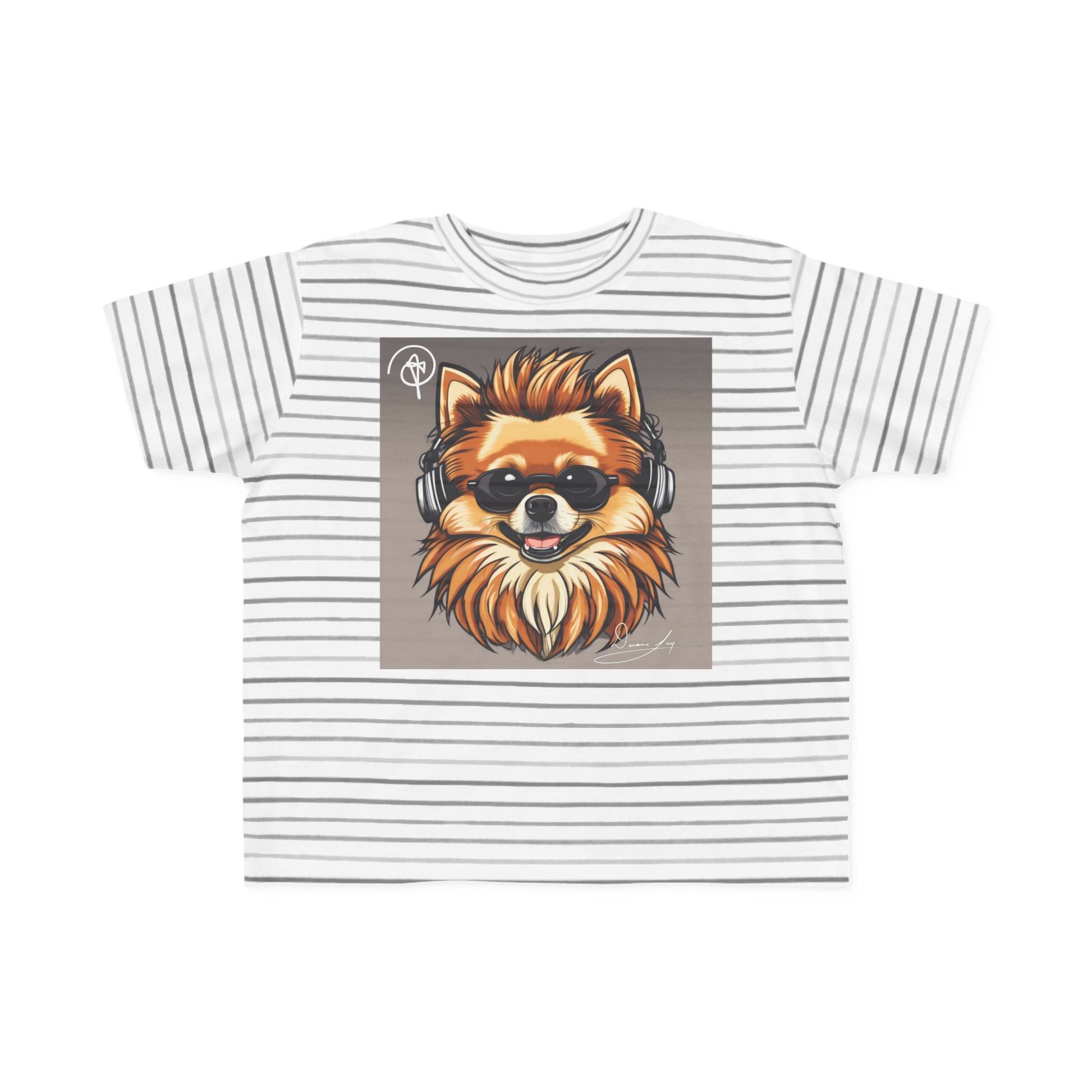 DuaneJay Cool Pomeranian Kids T-Shirt — fun kids graphic tee featuring an adorable Pomeranian rocking sunglasses and headphones, a bold and playful streetwear-inspired look for kids who carry the DuaneJay Fashion style with confidence