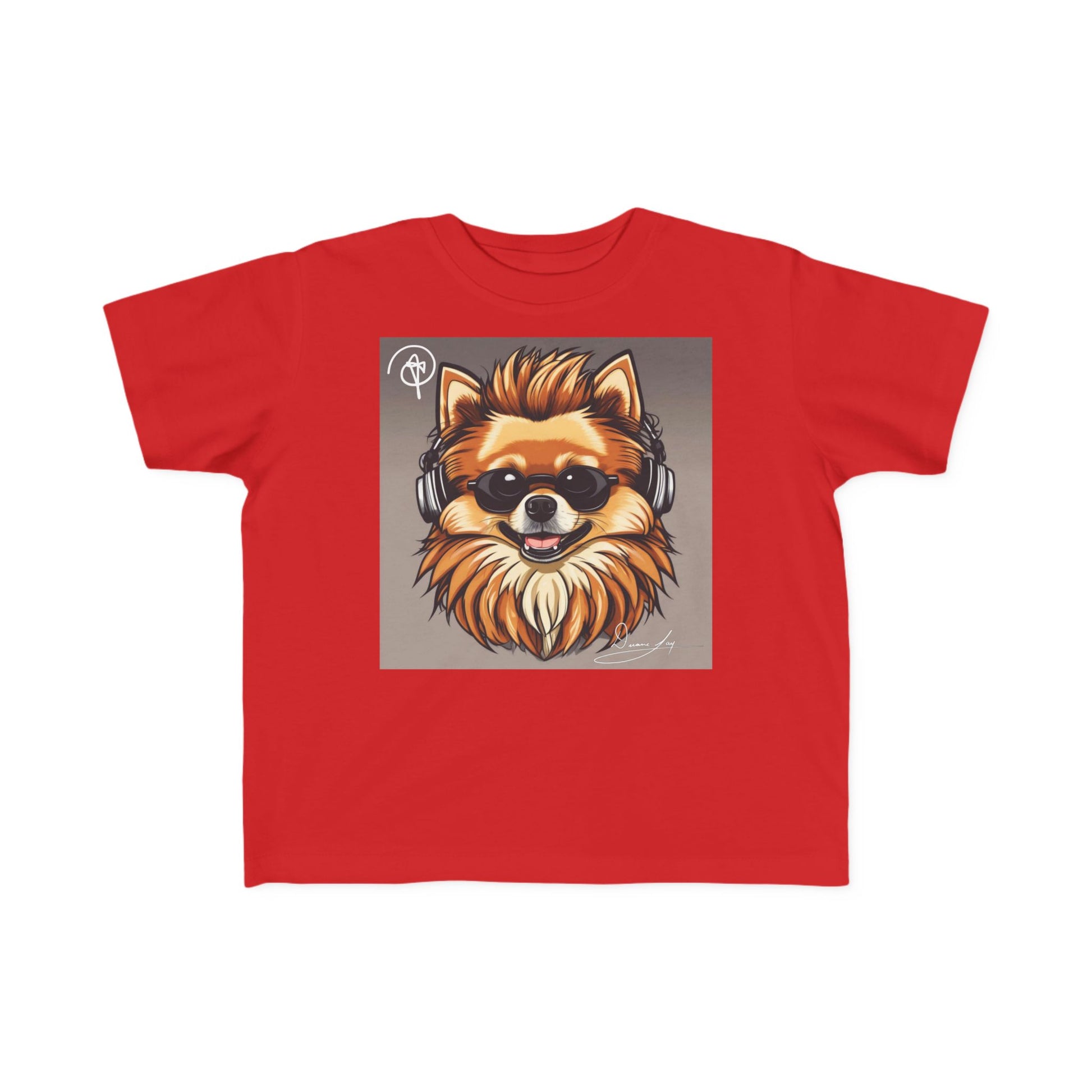 DuaneJay Cool Pomeranian Kids T-Shirt — fun kids graphic tee featuring an adorable Pomeranian rocking sunglasses and headphones, a bold and playful streetwear-inspired look for kids who carry the DuaneJay Fashion style with confidence
