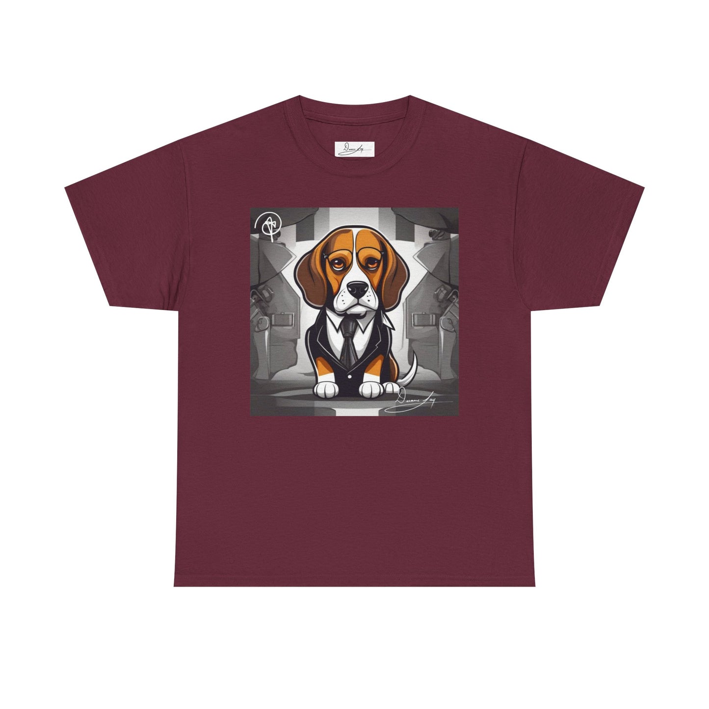 DuaneJay Beagle in a Suit T-Shirt — funny formal dog graphic tee featuring an adorable beagle dressed in a dapper suit, perfect for dog lovers who love bold streetwear style