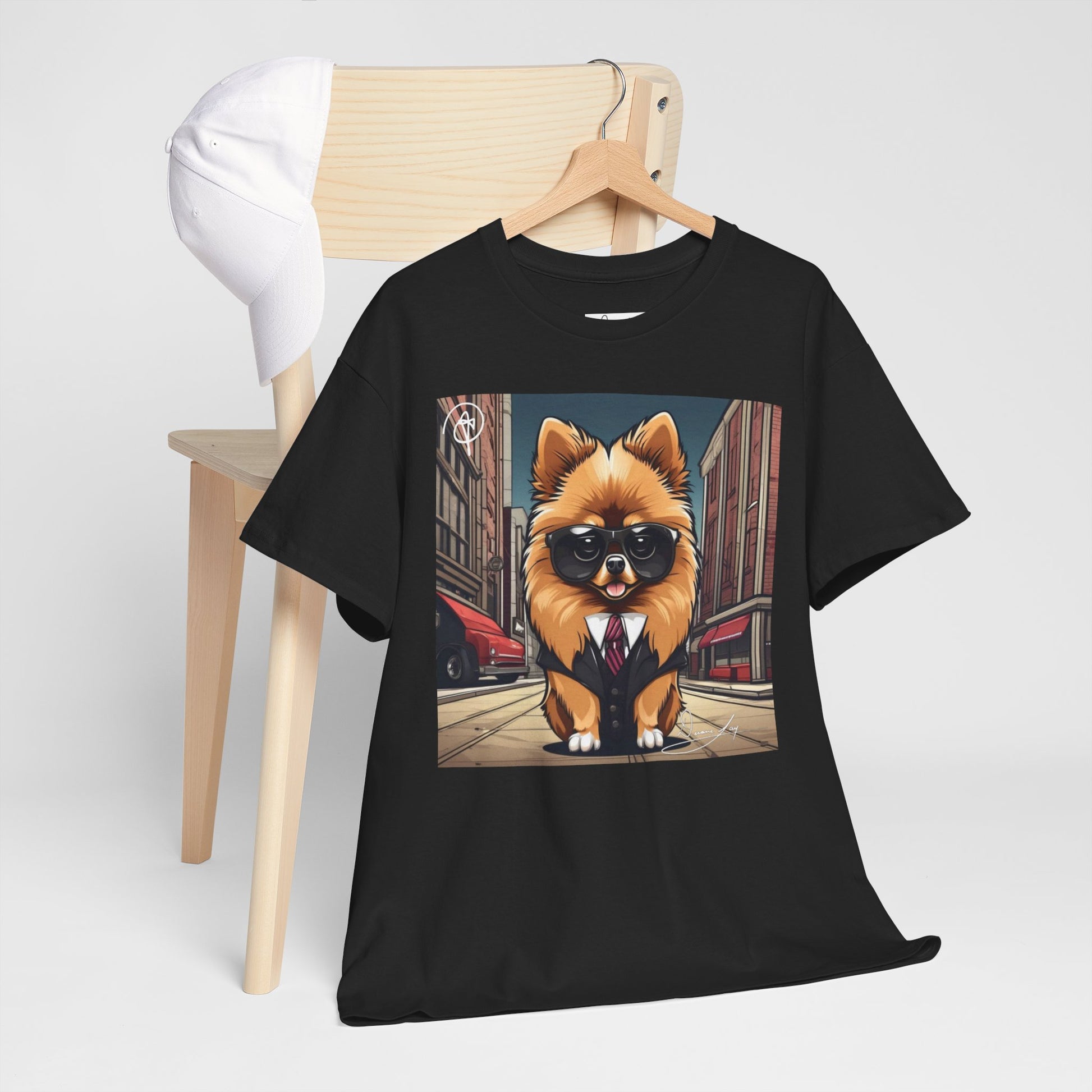 DuaneJay Pomeranian Business Dog T-Shirt — cute Pomeranian in suit graphic tee streetwear