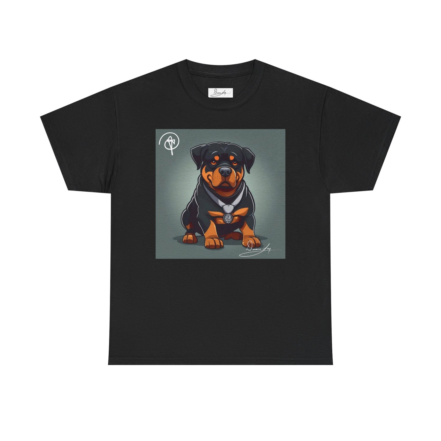 DuaneJay Rottweiler Puppy Portrait T-Shirt — charming graphic tee featuring an adorable Rottweiler puppy rendered in stunning artistic detail, a perfect blend of cuteness and signature streetwear style for devoted dog lovers