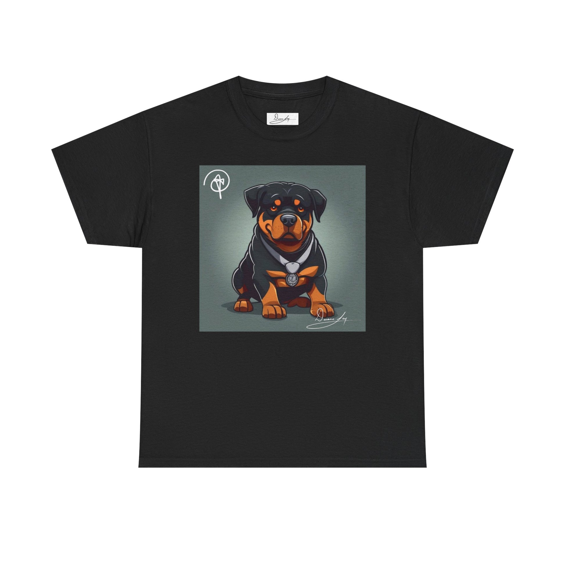 DuaneJay Rottweiler Puppy Portrait T-Shirt — charming graphic tee featuring an adorable Rottweiler puppy rendered in stunning artistic detail, a perfect blend of cuteness and signature streetwear style for devoted dog lovers