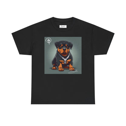 DuaneJay Rottweiler Puppy Portrait T-Shirt — charming graphic tee featuring an adorable Rottweiler puppy rendered in stunning artistic detail, a perfect blend of cuteness and signature streetwear style for devoted dog lovers