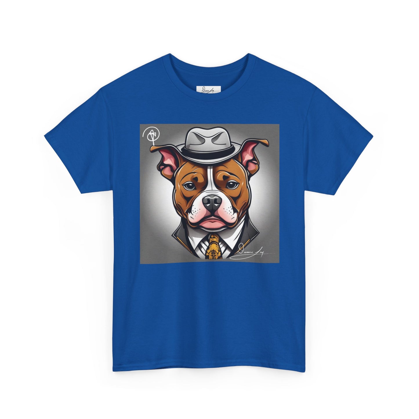 DuaneJay Gentleman Pitbull Tee — distinguished graphic tee featuring a dapper pitbull portrait blending elegance with bold streetwear energy for dog lovers with class and confidence
