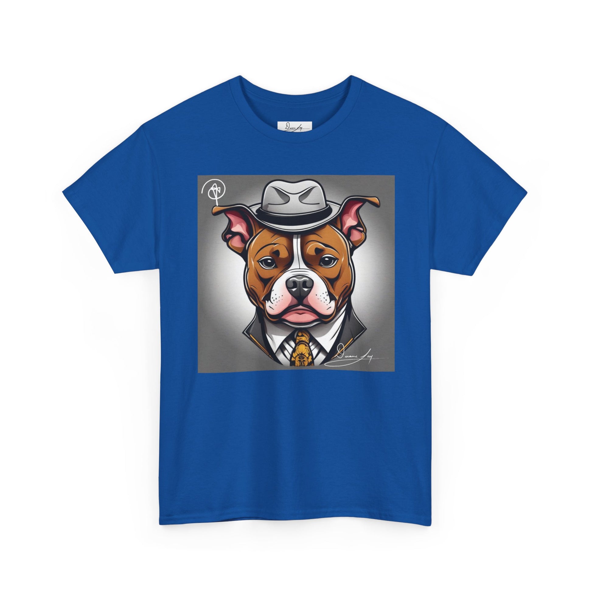 DuaneJay Gentleman Pitbull Tee — distinguished graphic tee featuring a dapper pitbull portrait blending elegance with bold streetwear energy for dog lovers with class and confidence