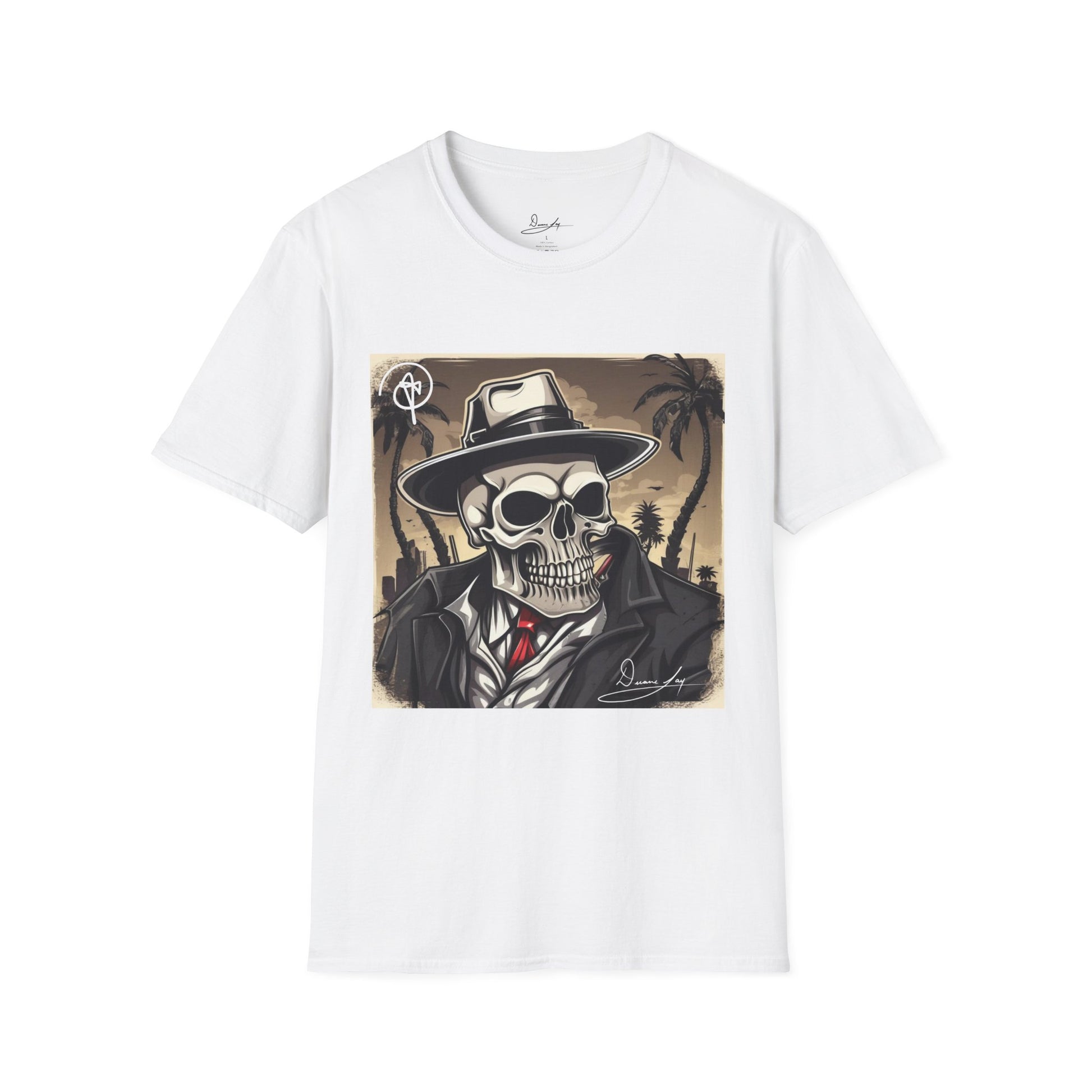DuaneJay Skull Gangster T-Shirt — retro mafia skeleton graphic tee streetwear