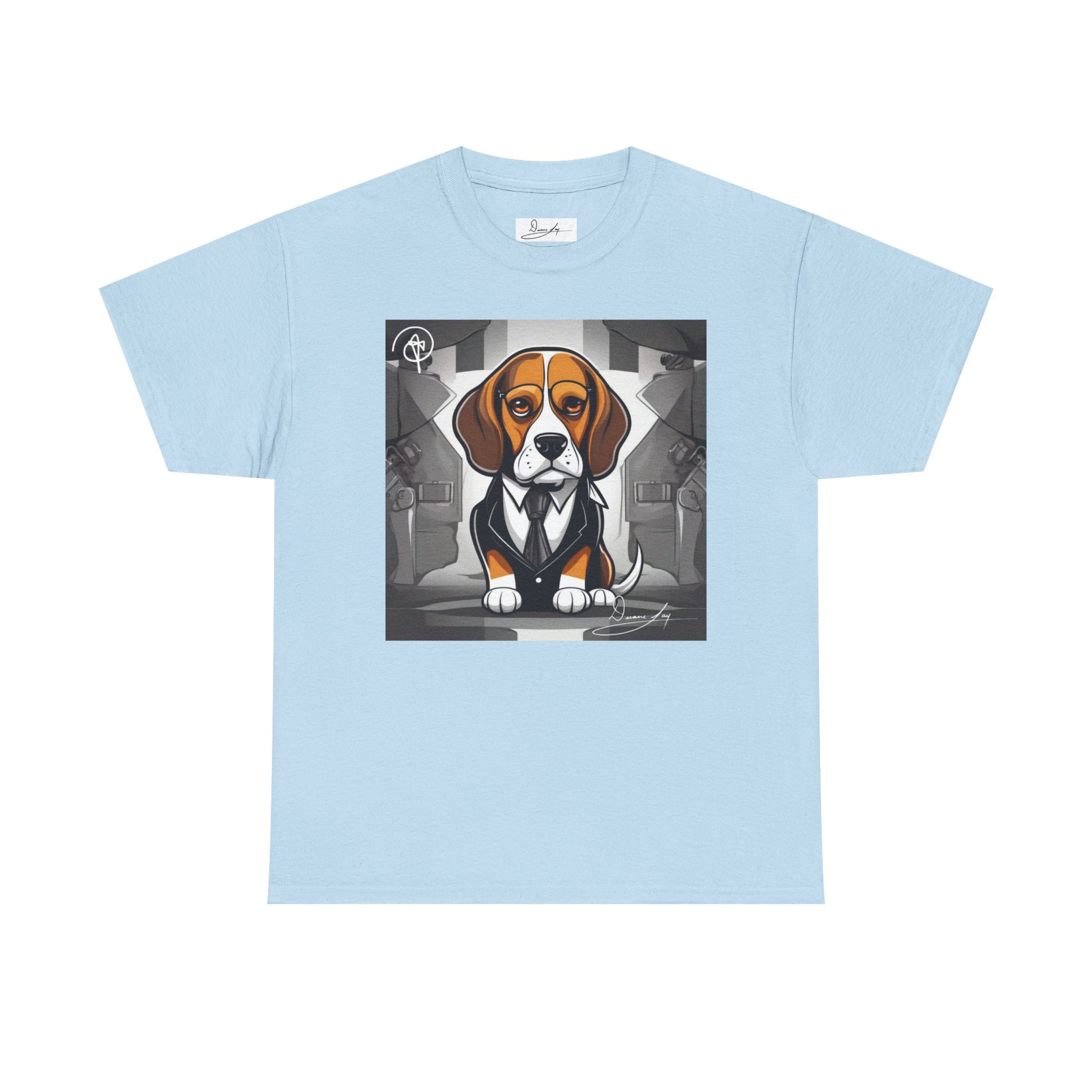 DuaneJay Beagle in a Suit T-Shirt — funny formal dog graphic tee featuring an adorable beagle dressed in a dapper suit, perfect for dog lovers who love bold streetwear style