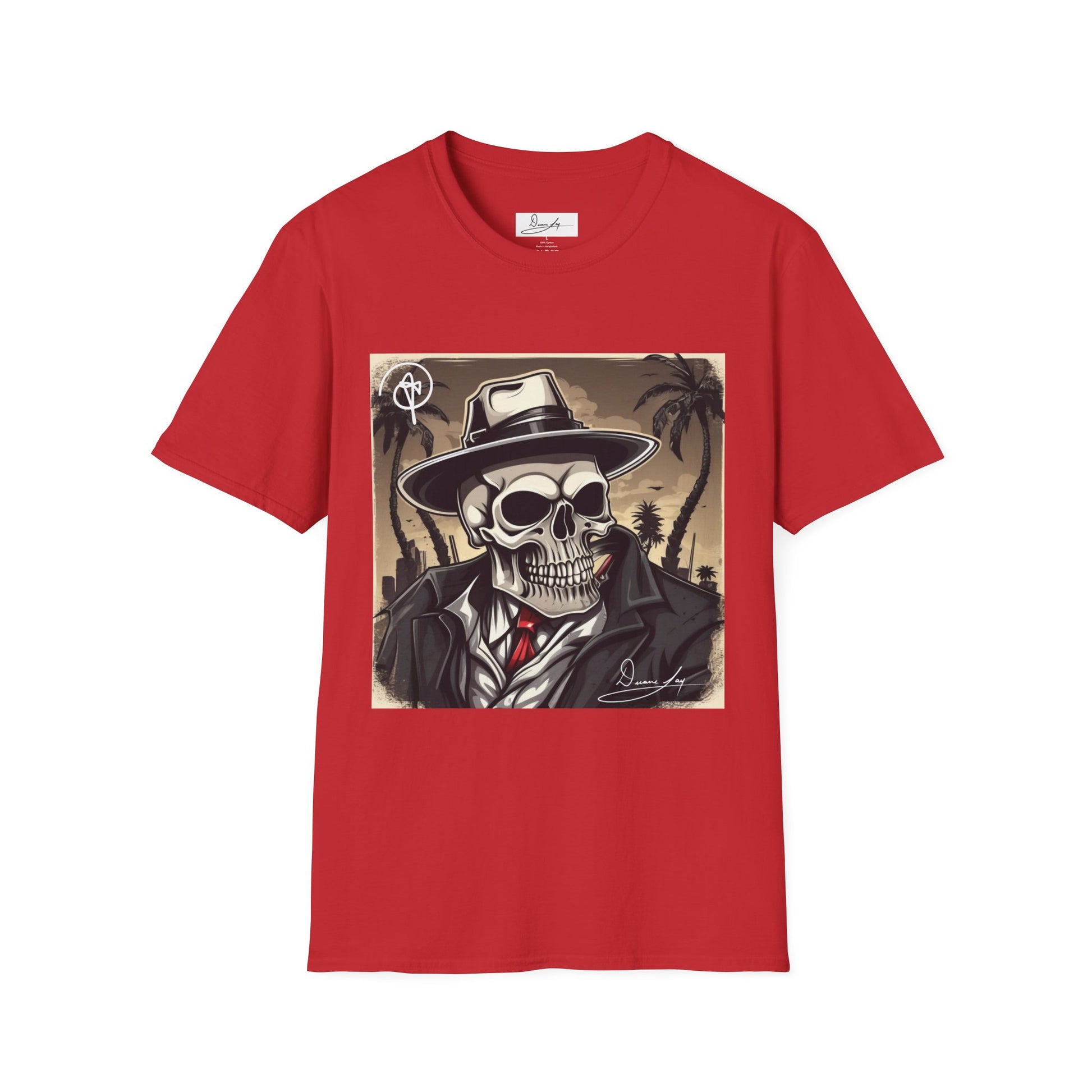 DuaneJay Skull Gangster T-Shirt — retro mafia skeleton graphic tee streetwear