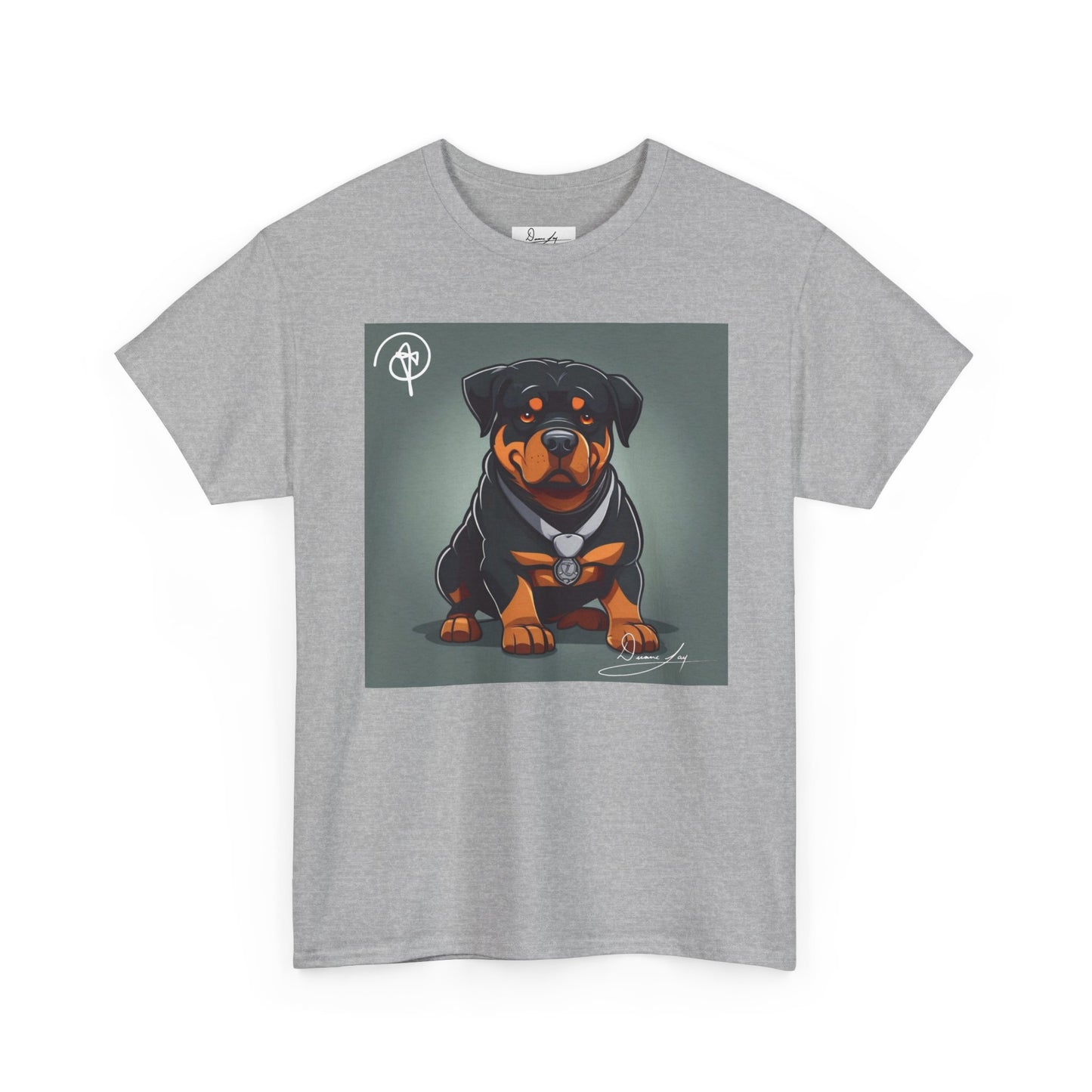 DuaneJay Rottweiler Puppy Portrait T-Shirt — charming graphic tee featuring an adorable Rottweiler puppy rendered in stunning artistic detail, a perfect blend of cuteness and signature streetwear style for devoted dog lovers
