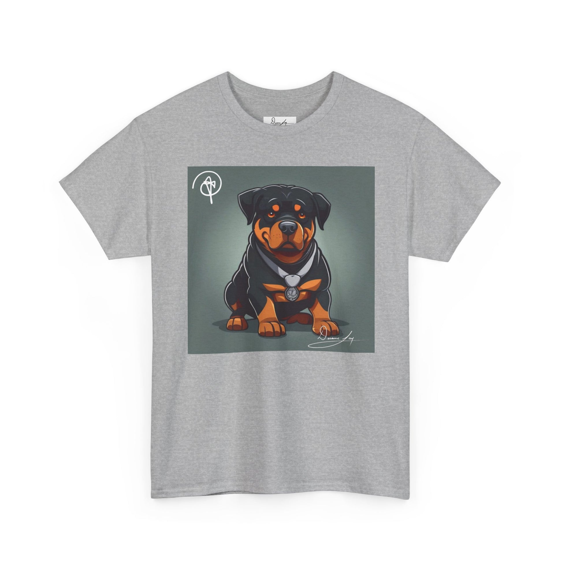 DuaneJay Rottweiler Puppy Portrait T-Shirt — charming graphic tee featuring an adorable Rottweiler puppy rendered in stunning artistic detail, a perfect blend of cuteness and signature streetwear style for devoted dog lovers