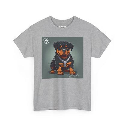 DuaneJay Rottweiler Puppy Portrait T-Shirt — charming graphic tee featuring an adorable Rottweiler puppy rendered in stunning artistic detail, a perfect blend of cuteness and signature streetwear style for devoted dog lovers