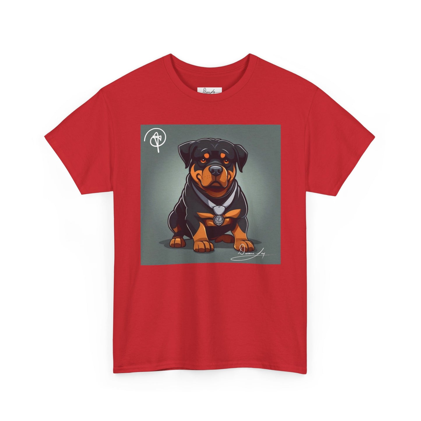 DuaneJay Rottweiler Puppy Portrait T-Shirt — charming graphic tee featuring an adorable Rottweiler puppy rendered in stunning artistic detail, a perfect blend of cuteness and signature streetwear style for devoted dog lovers
