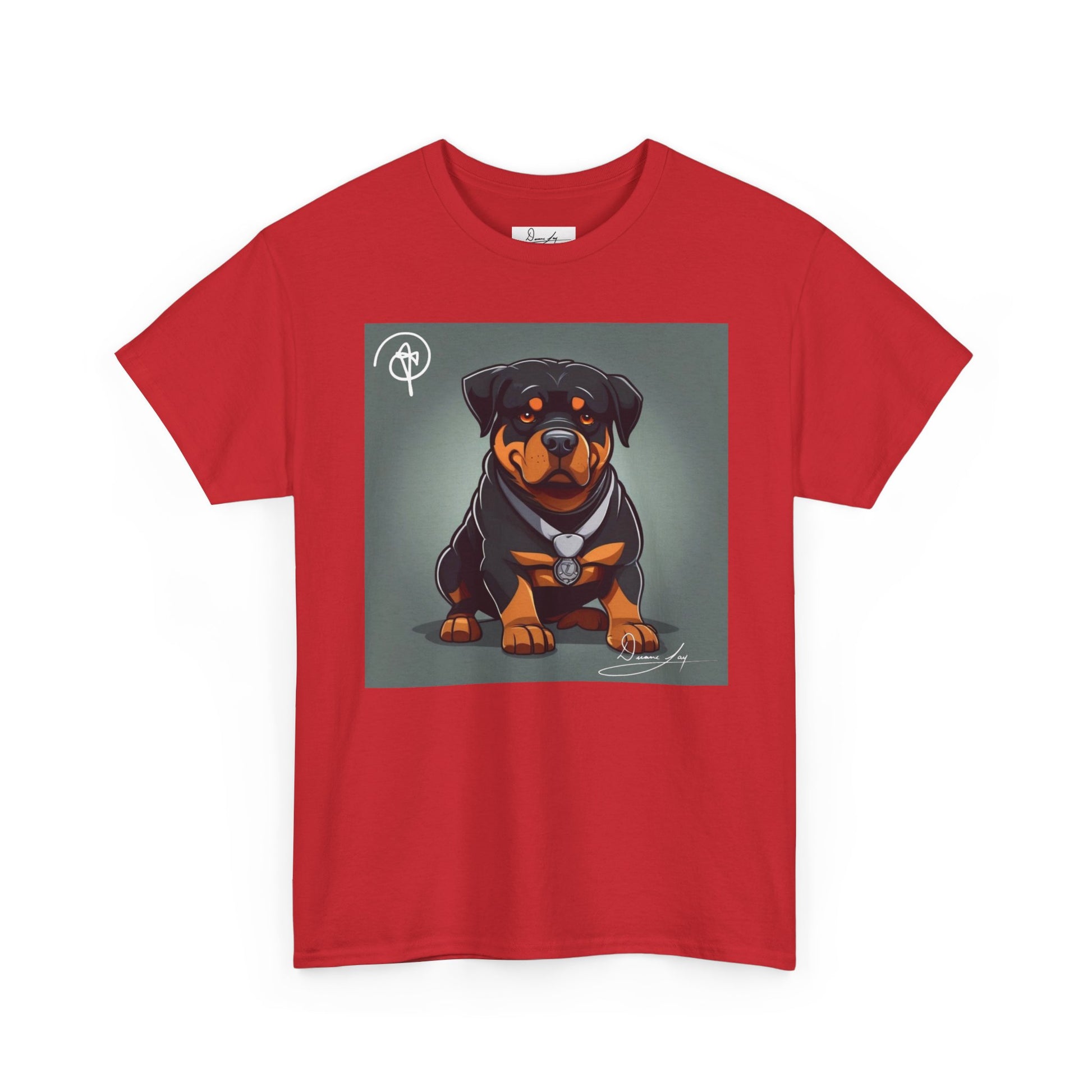 DuaneJay Rottweiler Puppy Portrait T-Shirt — charming graphic tee featuring an adorable Rottweiler puppy rendered in stunning artistic detail, a perfect blend of cuteness and signature streetwear style for devoted dog lovers