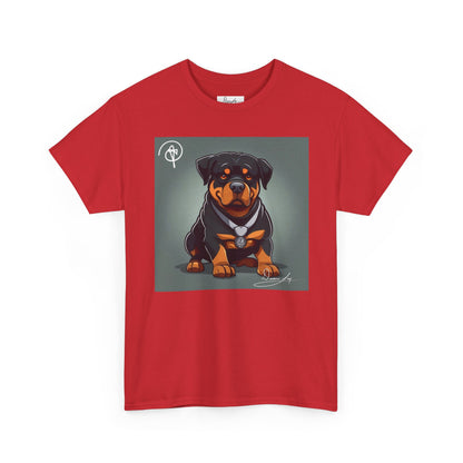 DuaneJay Rottweiler Puppy Portrait T-Shirt — charming graphic tee featuring an adorable Rottweiler puppy rendered in stunning artistic detail, a perfect blend of cuteness and signature streetwear style for devoted dog lovers
