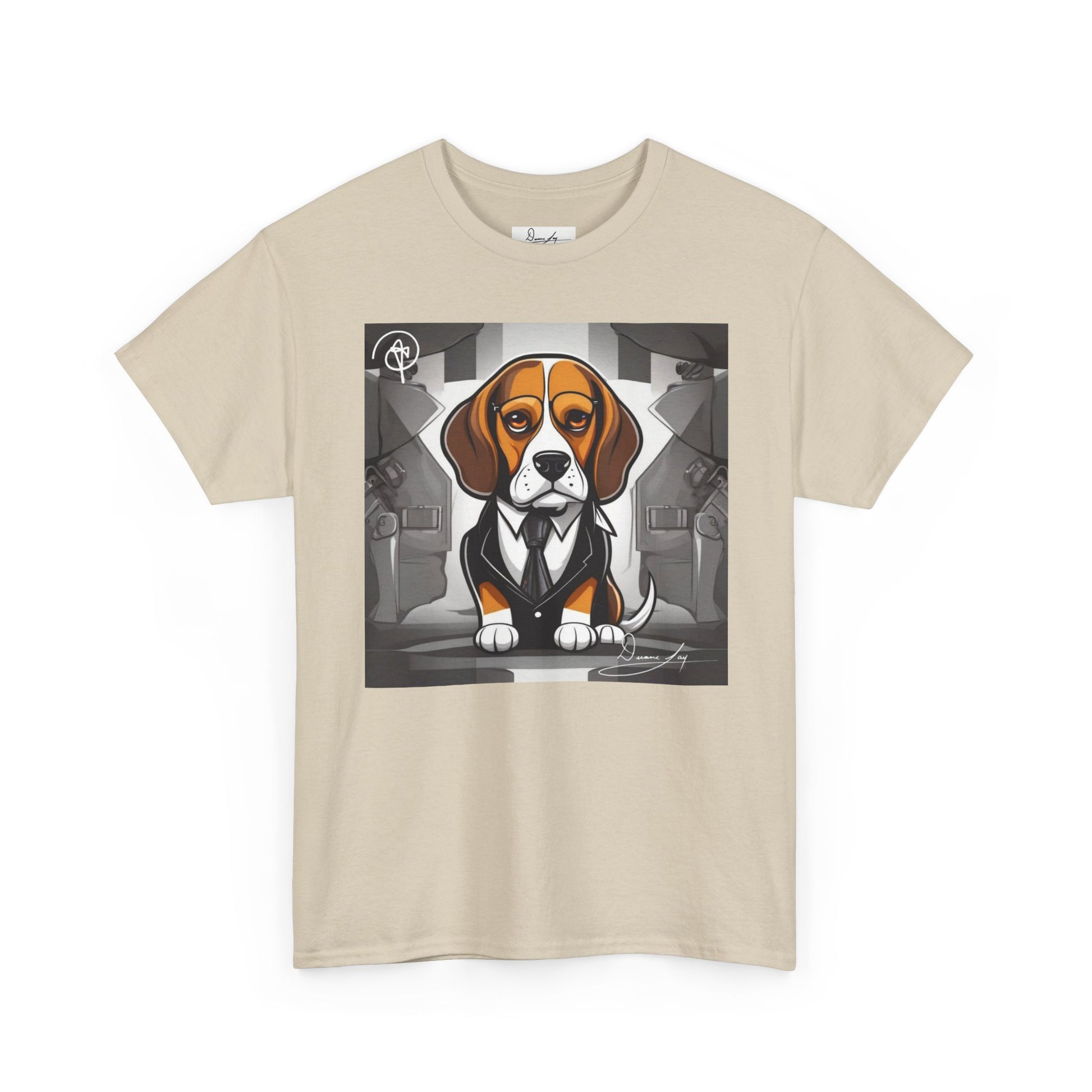 DuaneJay Beagle in a Suit T-Shirt — funny formal dog graphic tee featuring an adorable beagle dressed in a dapper suit, perfect for dog lovers who love bold streetwear style