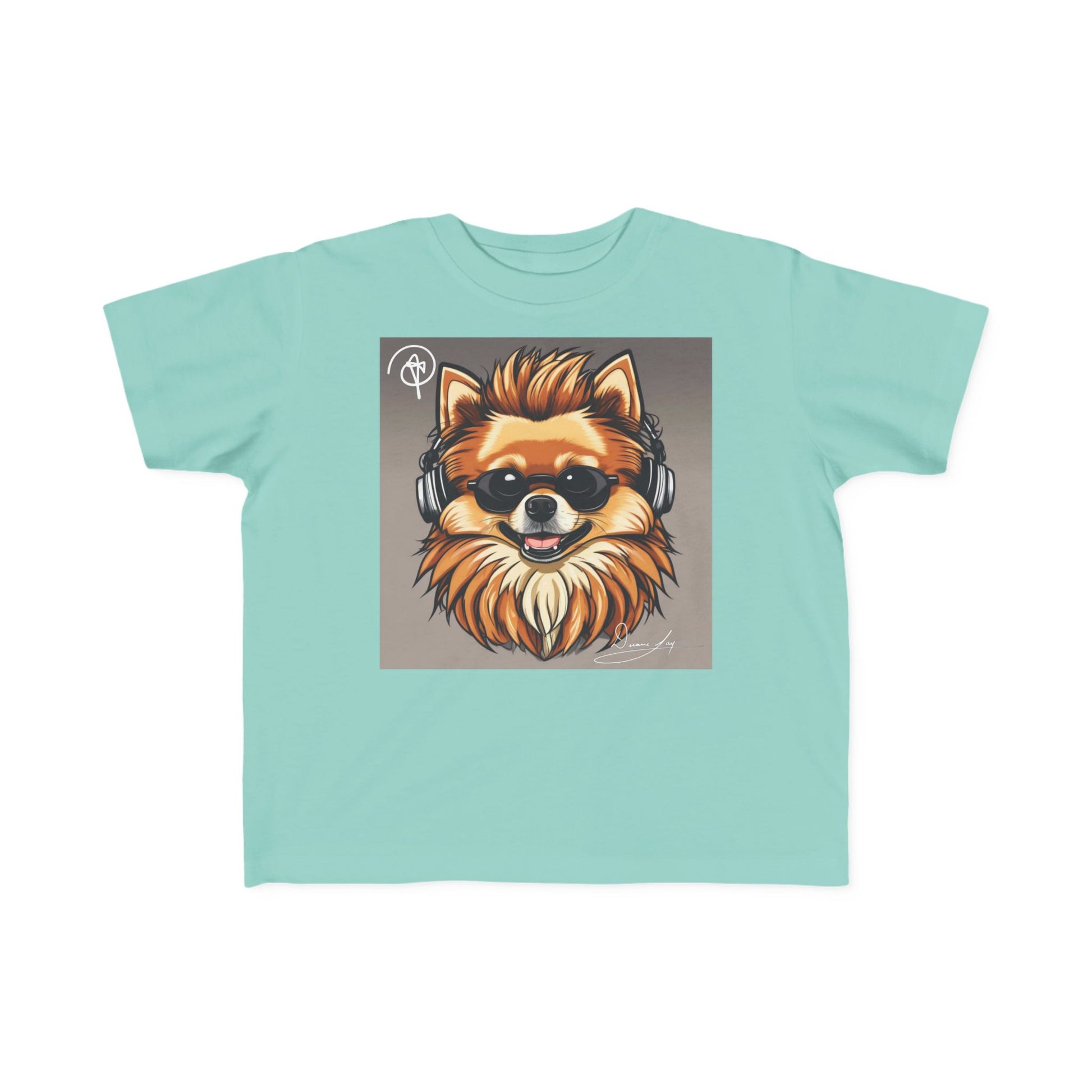 DuaneJay Cool Pomeranian Kids T-Shirt — fun kids graphic tee featuring an adorable Pomeranian rocking sunglasses and headphones, a bold and playful streetwear-inspired look for kids who carry the DuaneJay Fashion style with confidence