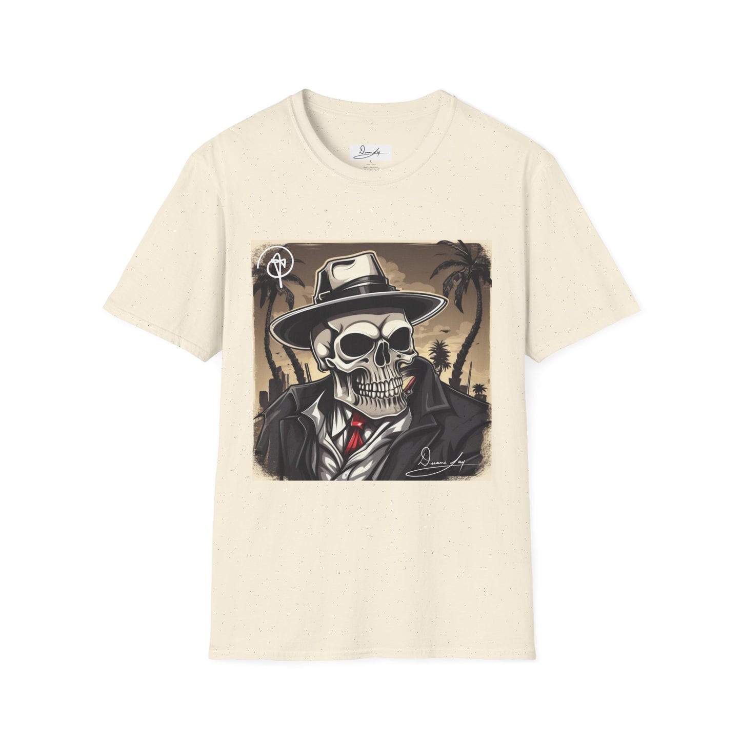 DuaneJay Skull Gangster T-Shirt — retro mafia skeleton graphic tee streetwear