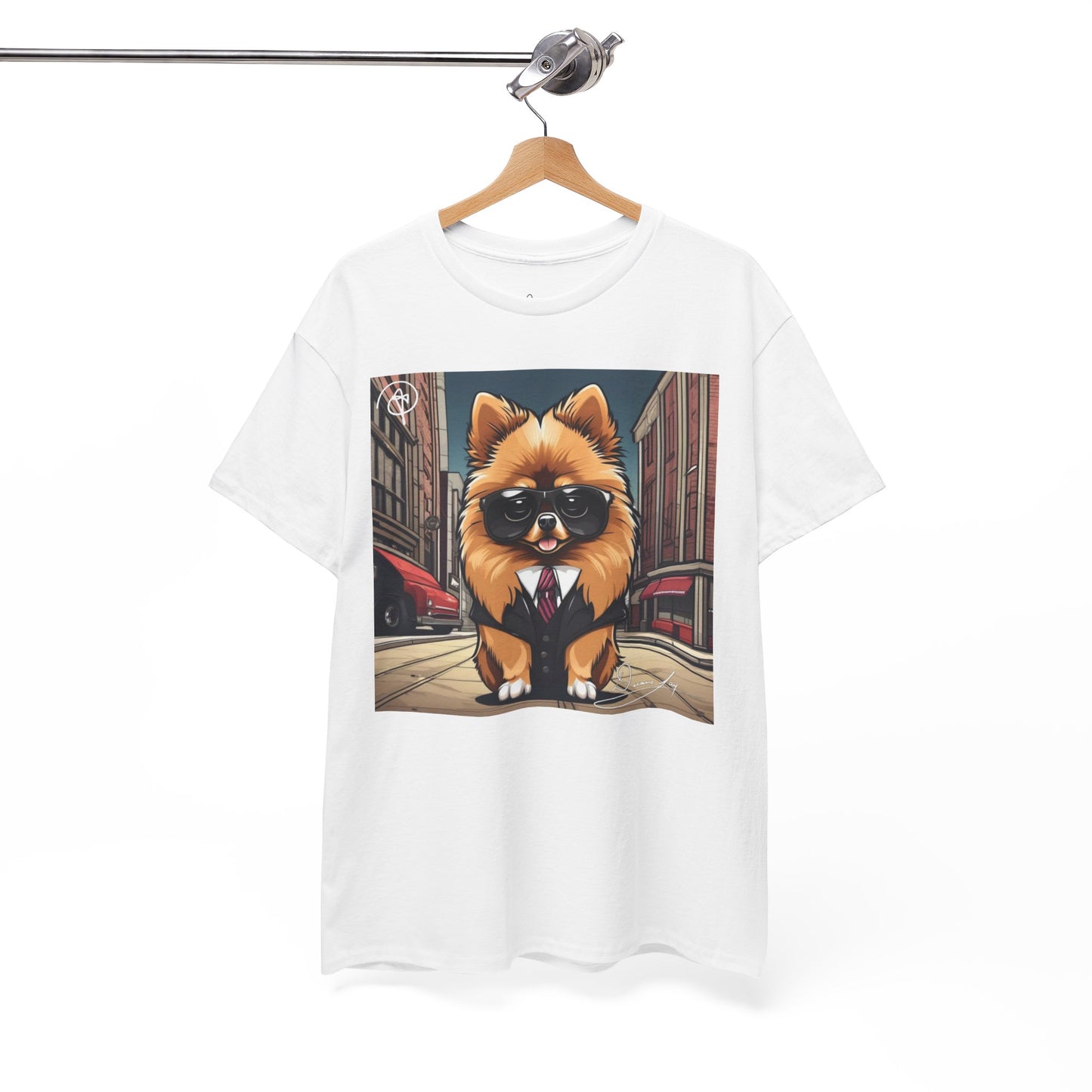 DuaneJay Pomeranian Business Dog T-Shirt — cute Pomeranian in suit graphic tee streetwear