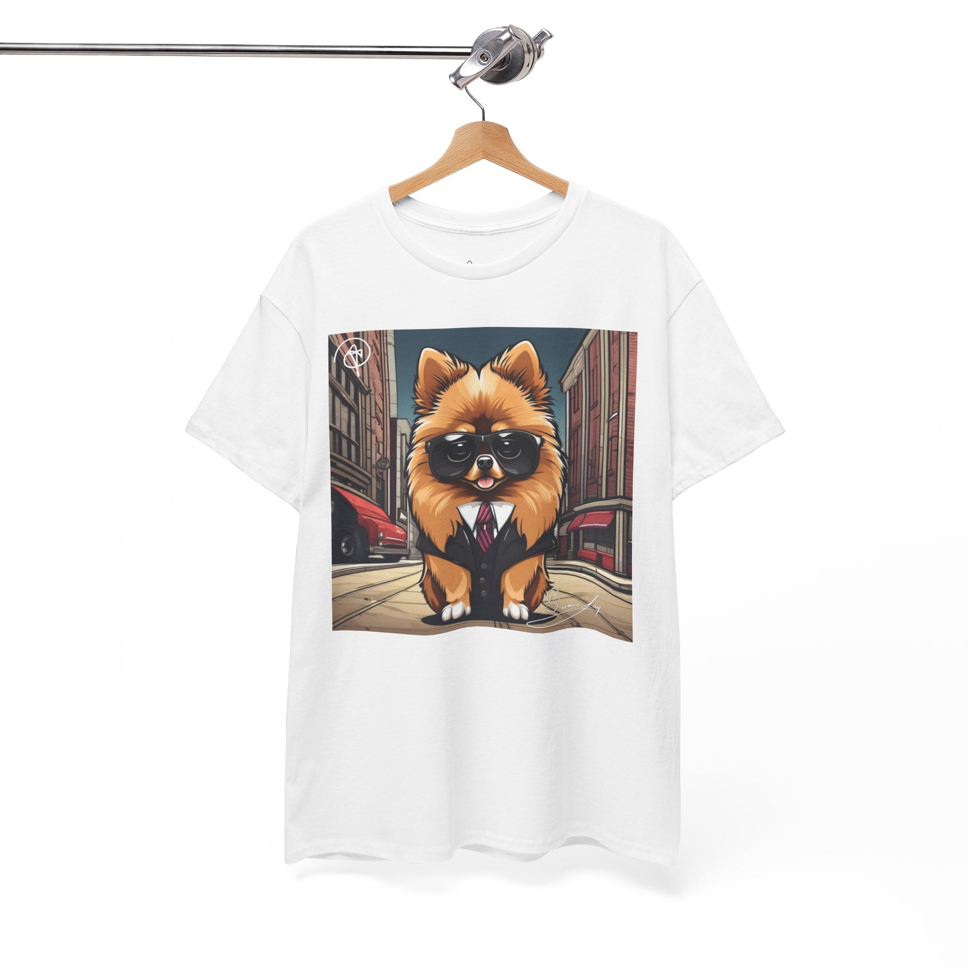 DuaneJay Pomeranian Business Dog T-Shirt — cute Pomeranian in suit graphic tee streetwear