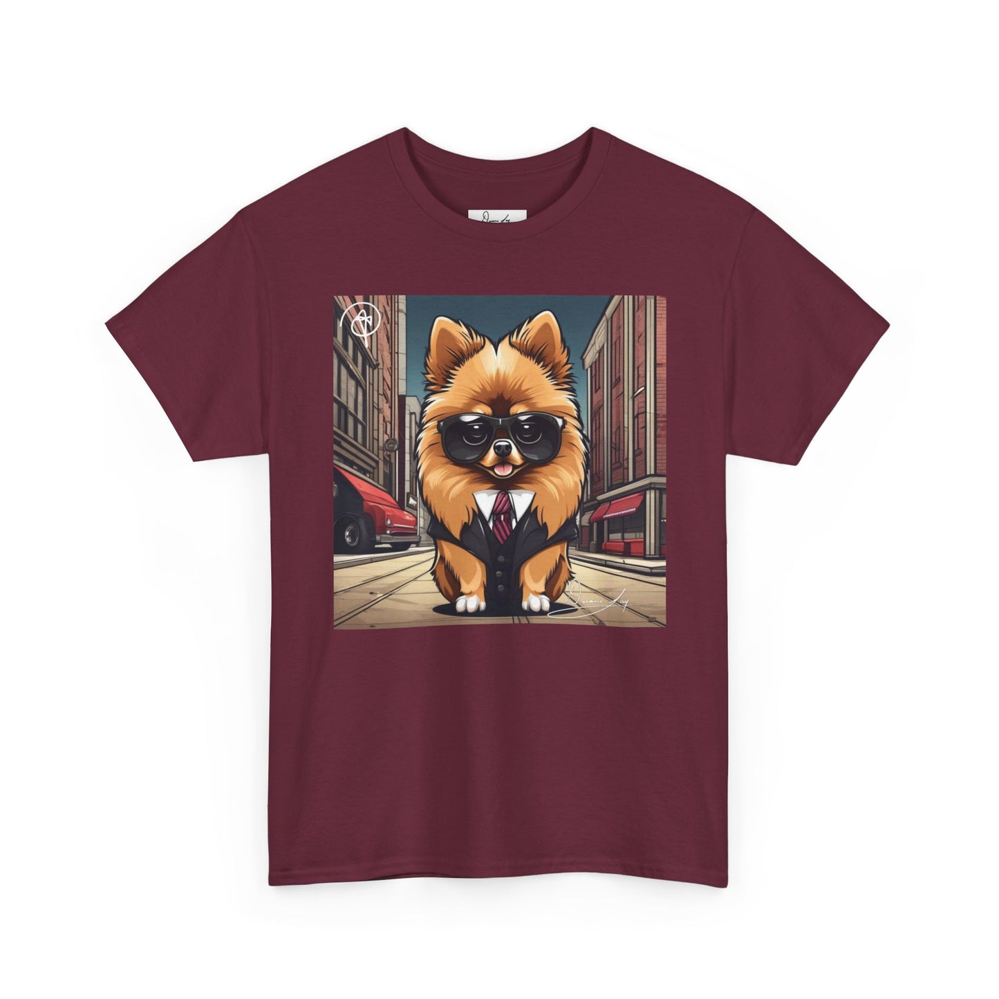 DuaneJay Pomeranian Business Dog T-Shirt — cute Pomeranian in suit graphic tee streetwear