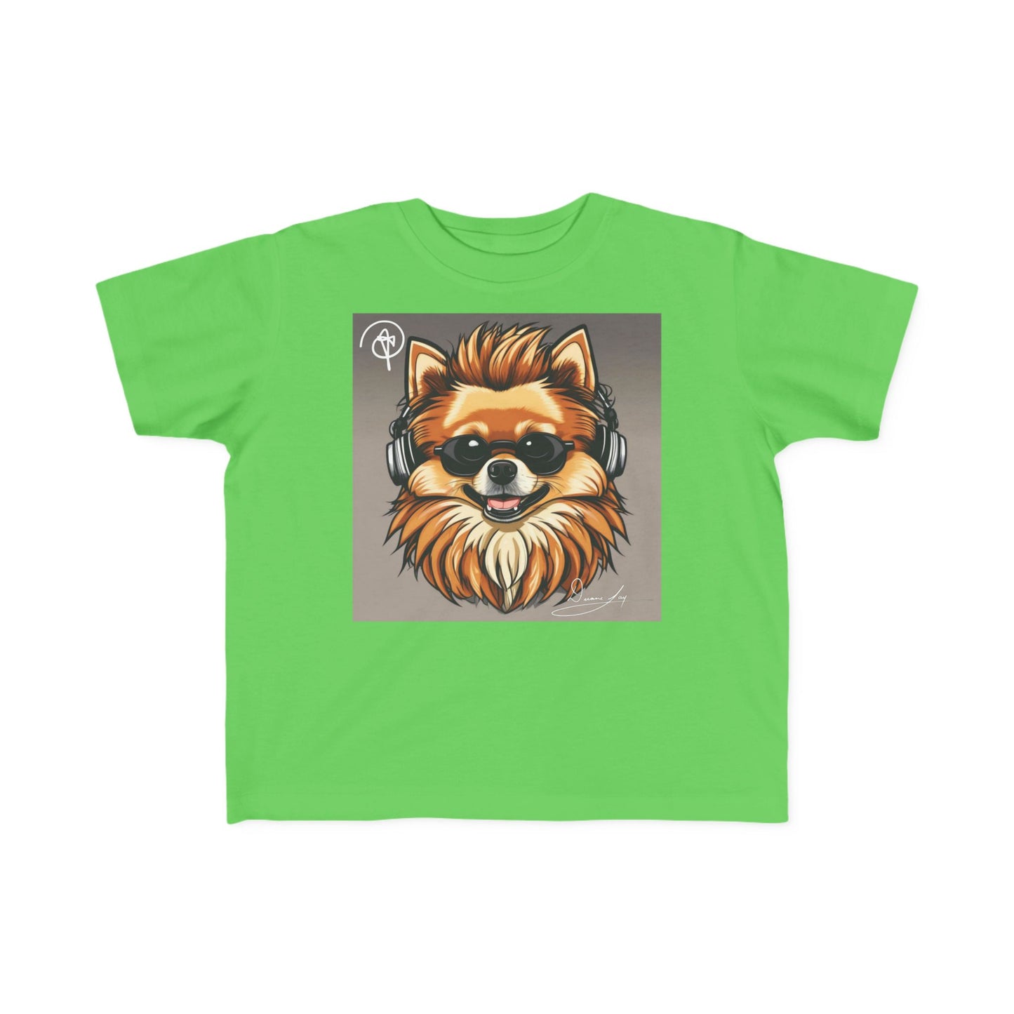 DuaneJay Cool Pomeranian Kids T-Shirt — fun kids graphic tee featuring an adorable Pomeranian rocking sunglasses and headphones, a bold and playful streetwear-inspired look for kids who carry the DuaneJay Fashion style with confidence