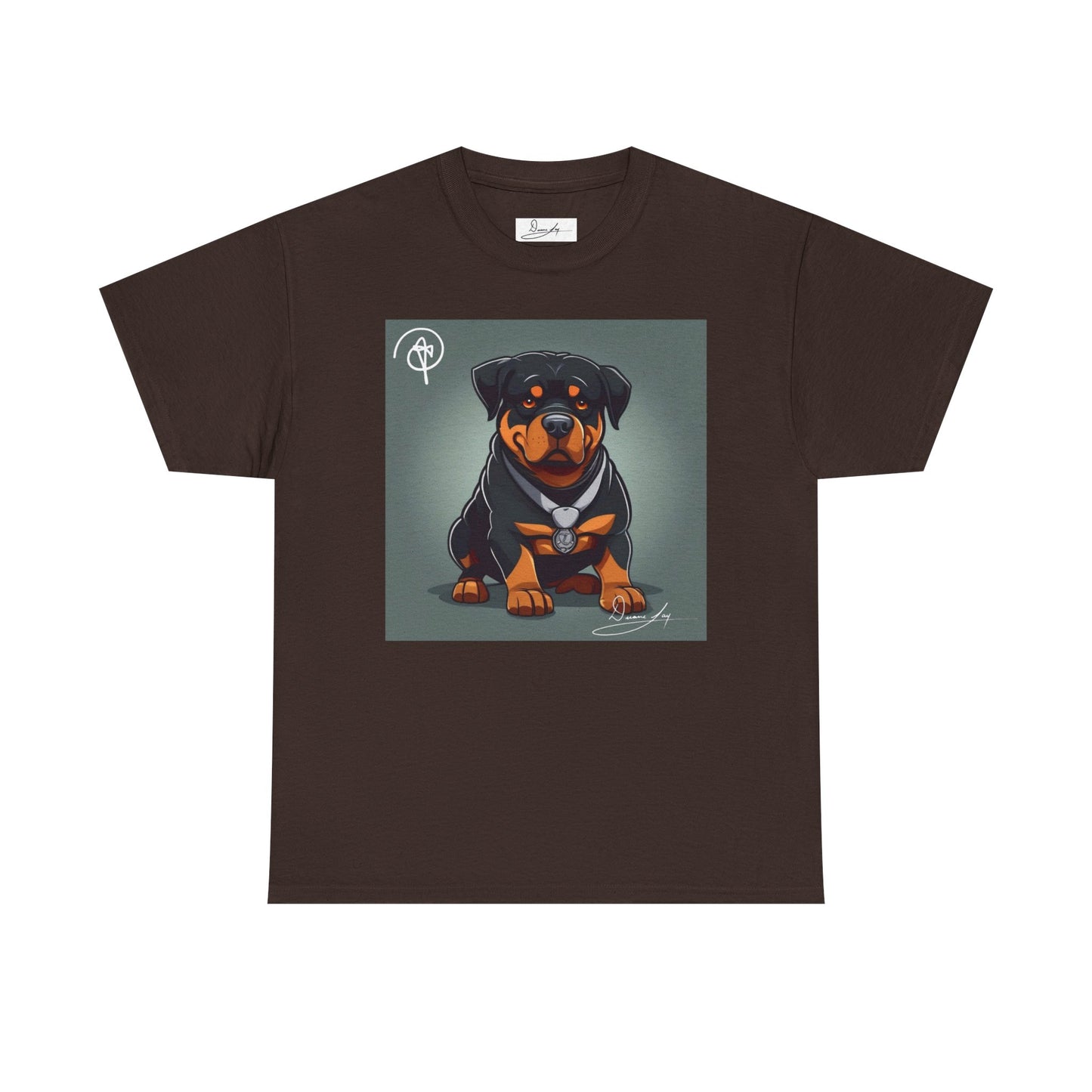 DuaneJay Rottweiler Puppy Portrait T-Shirt — charming graphic tee featuring an adorable Rottweiler puppy rendered in stunning artistic detail, a perfect blend of cuteness and signature streetwear style for devoted dog lovers