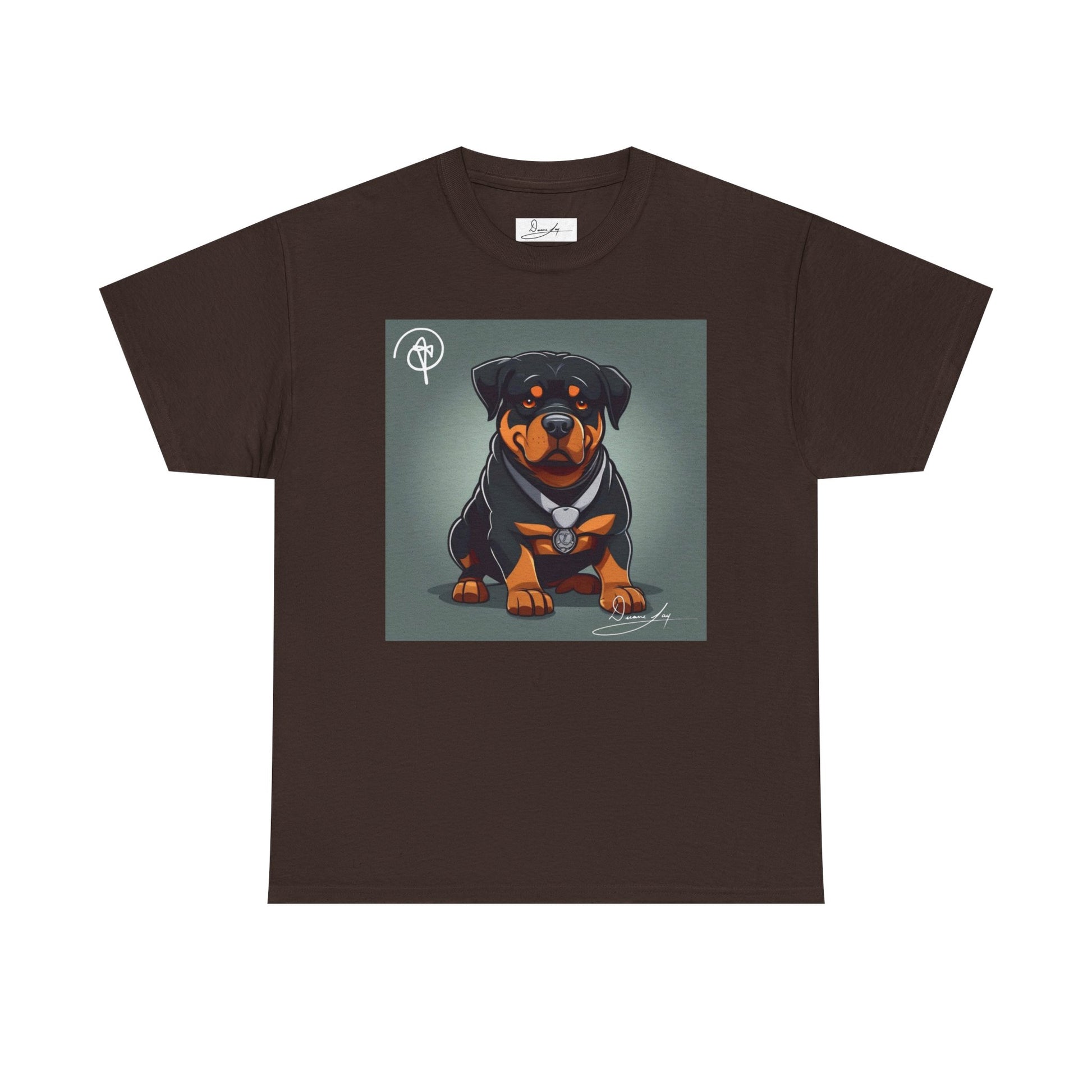 DuaneJay Rottweiler Puppy Portrait T-Shirt — charming graphic tee featuring an adorable Rottweiler puppy rendered in stunning artistic detail, a perfect blend of cuteness and signature streetwear style for devoted dog lovers
