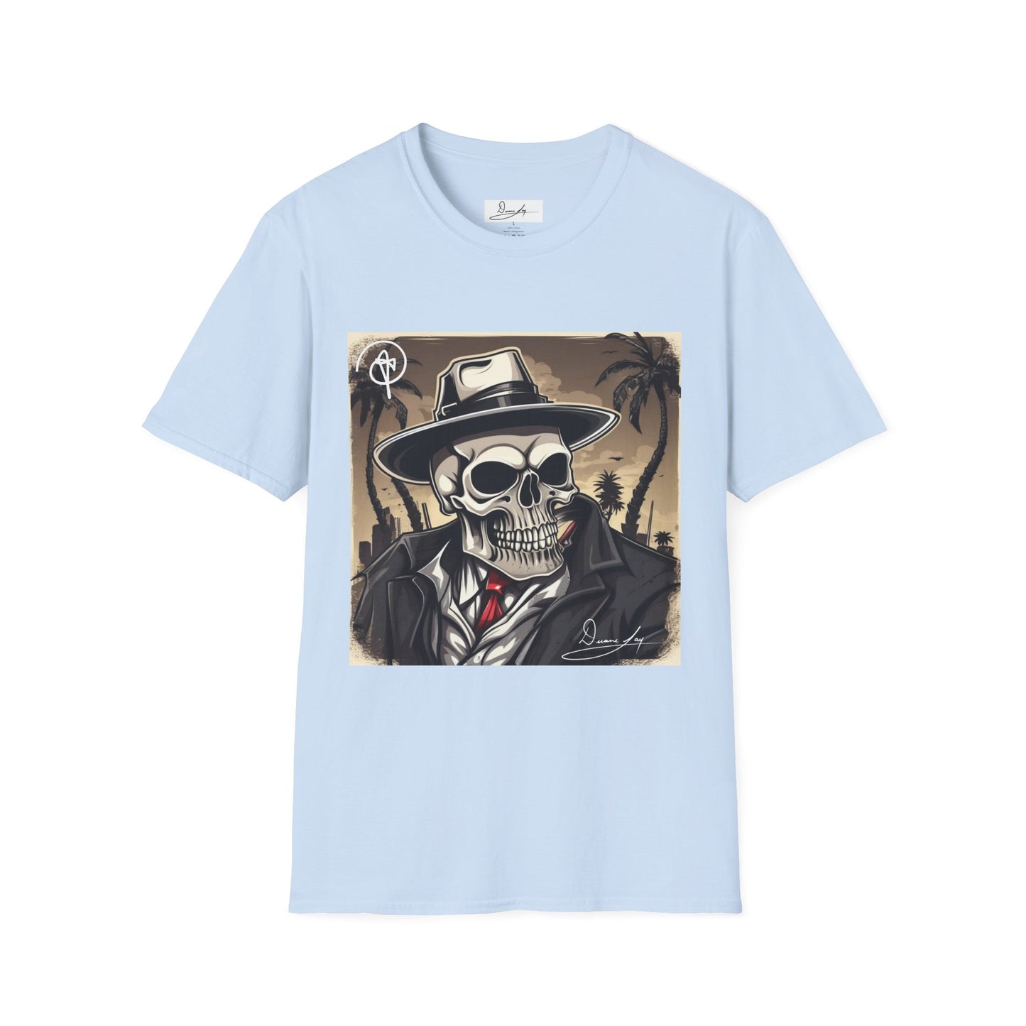 DuaneJay Skull Gangster T-Shirt — retro mafia skeleton graphic tee streetwear